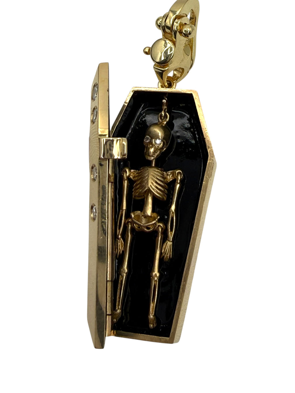 14k White Enamel Coffin and Skeleton