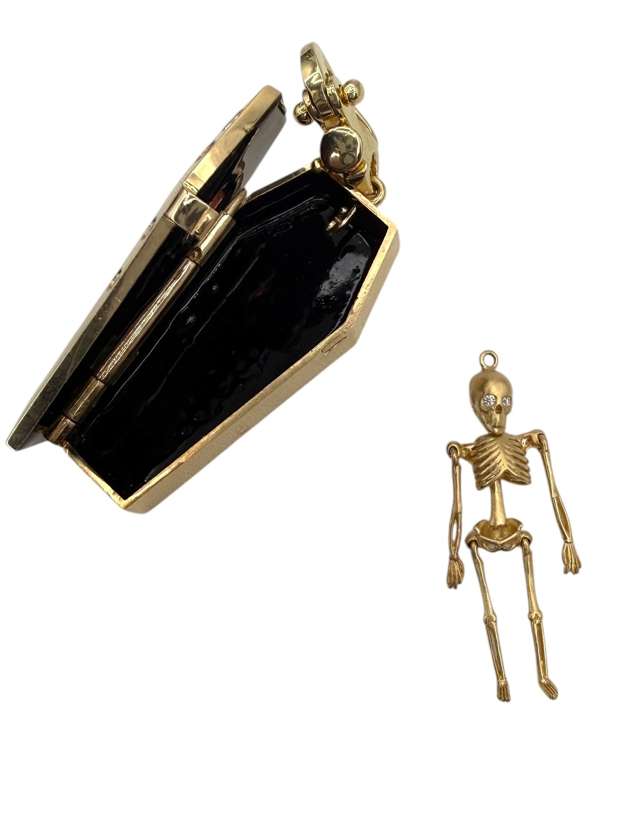 14k White Enamel Coffin and Skeleton