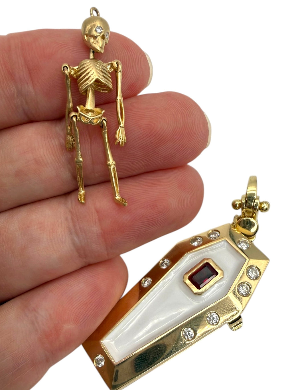 14k White Enamel Coffin and Skeleton
