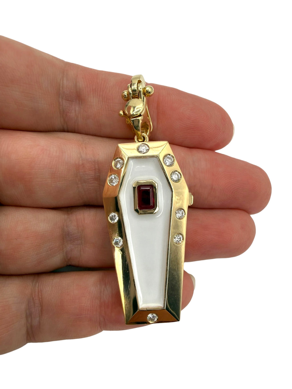 14k White Enamel Coffin and Skeleton