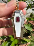 14k White Enamel Coffin and Skeleton