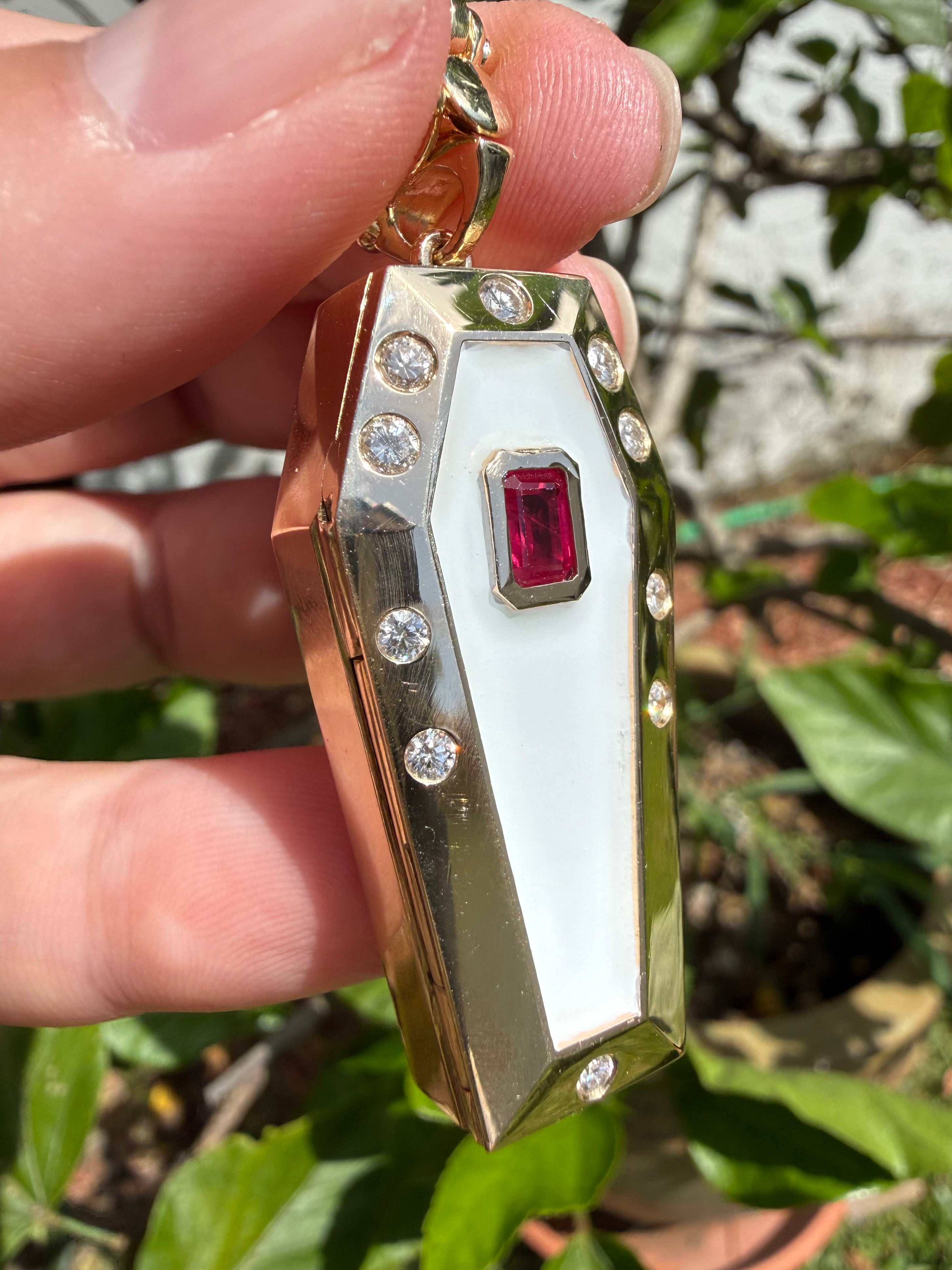 14k White Enamel Coffin and Skeleton