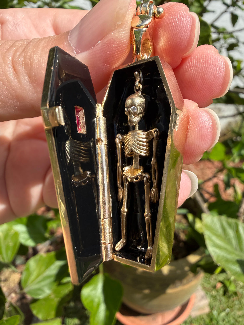 14k White Enamel Coffin and Skeleton
