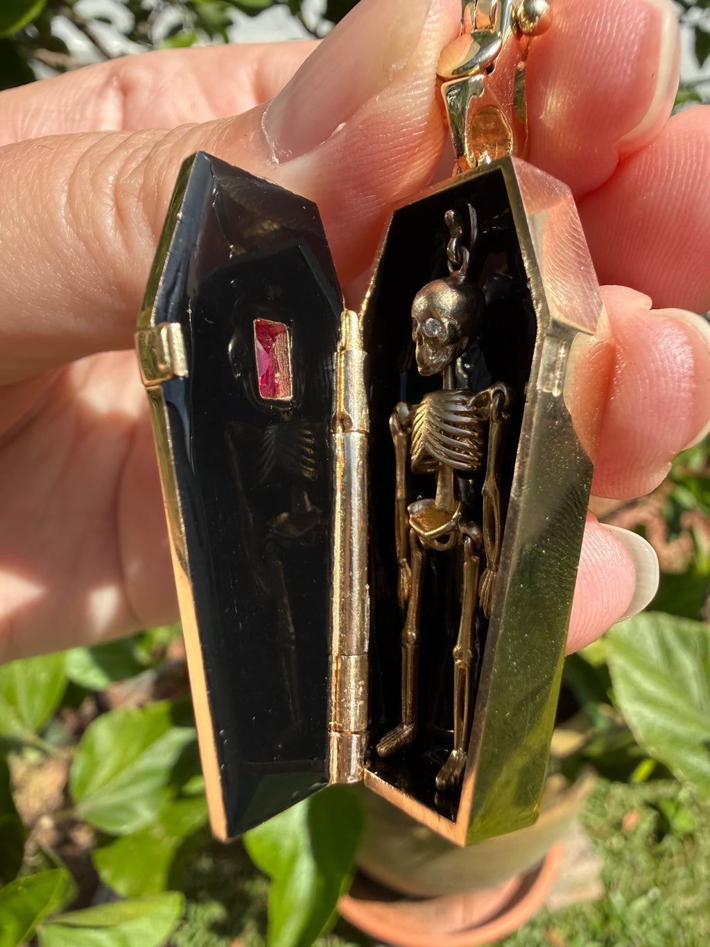 14k White Enamel Coffin and Skeleton