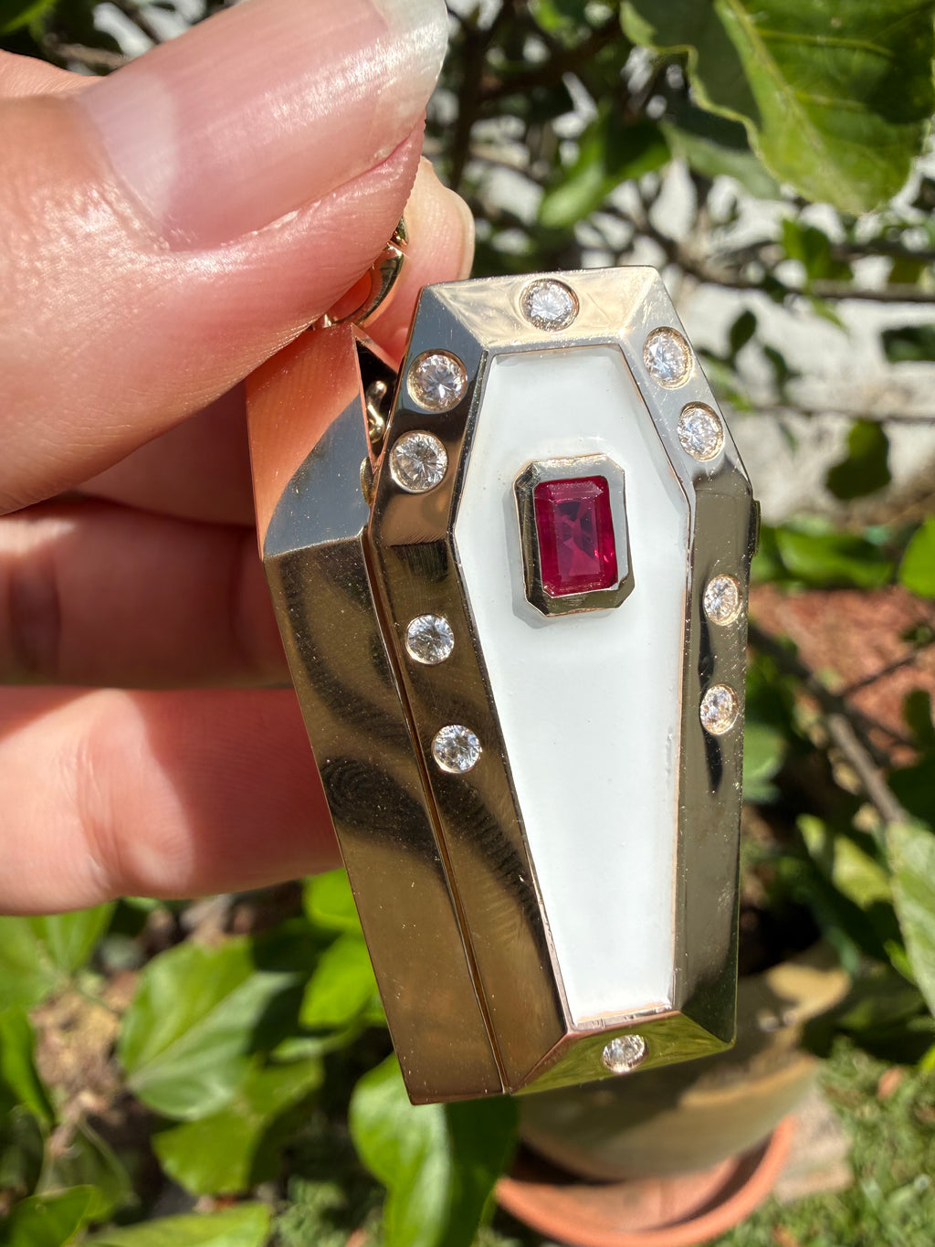 14k White Enamel Coffin and Skeleton