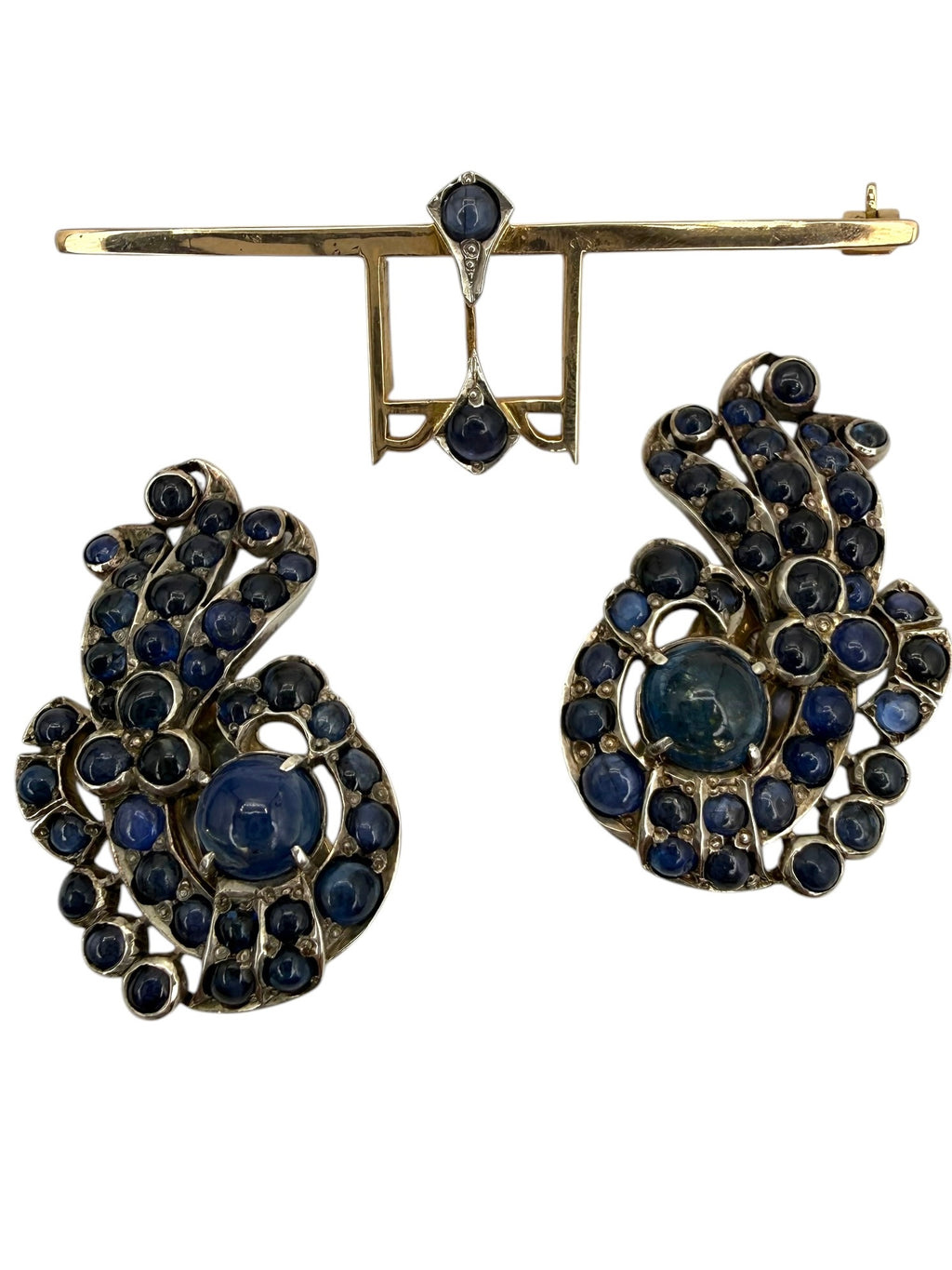 Retro 14k/ Silver Sapphire Brooch/ Earrings