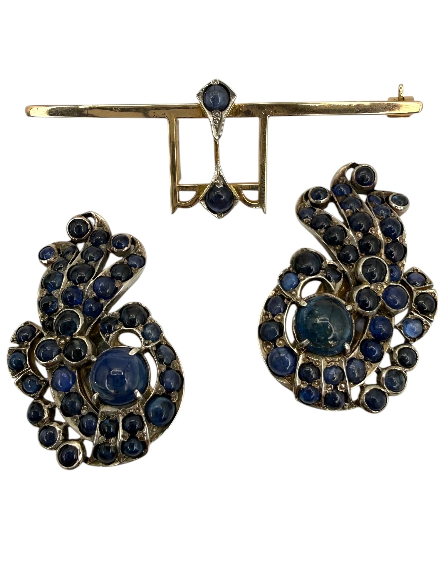 Retro 14k/ Silver Sapphire Brooch/ Earrings