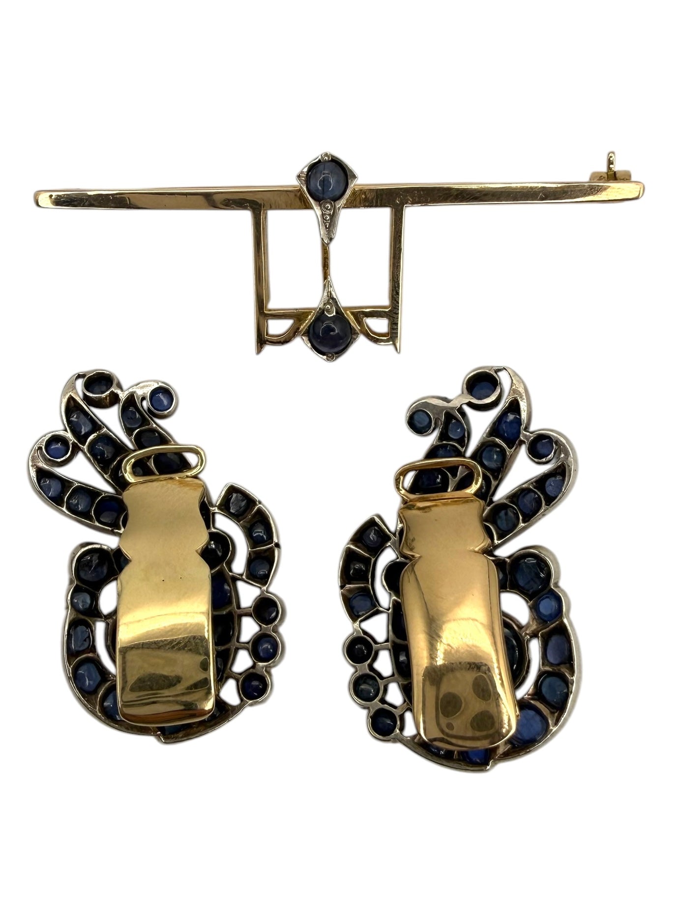 Retro 14k/ Silver Sapphire Brooch/ Earrings