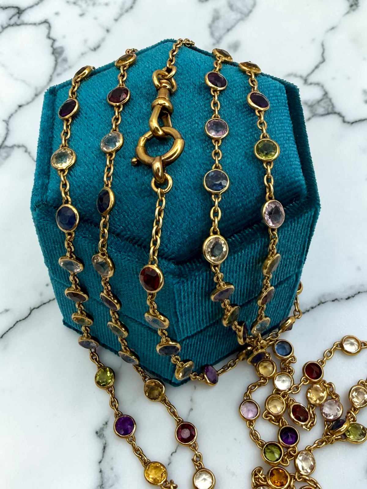 18k Art Deco Multi-Colored Gemstone Station Necklace