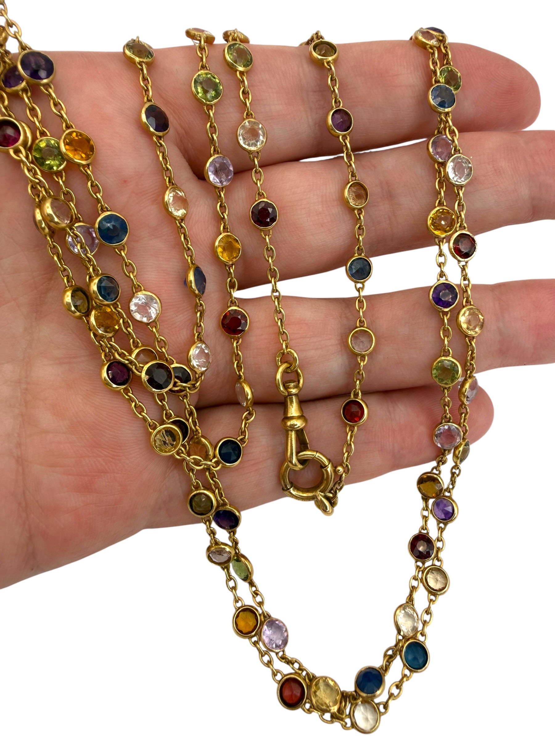 18k Art Deco Multi-Colored Gemstone Station Necklace