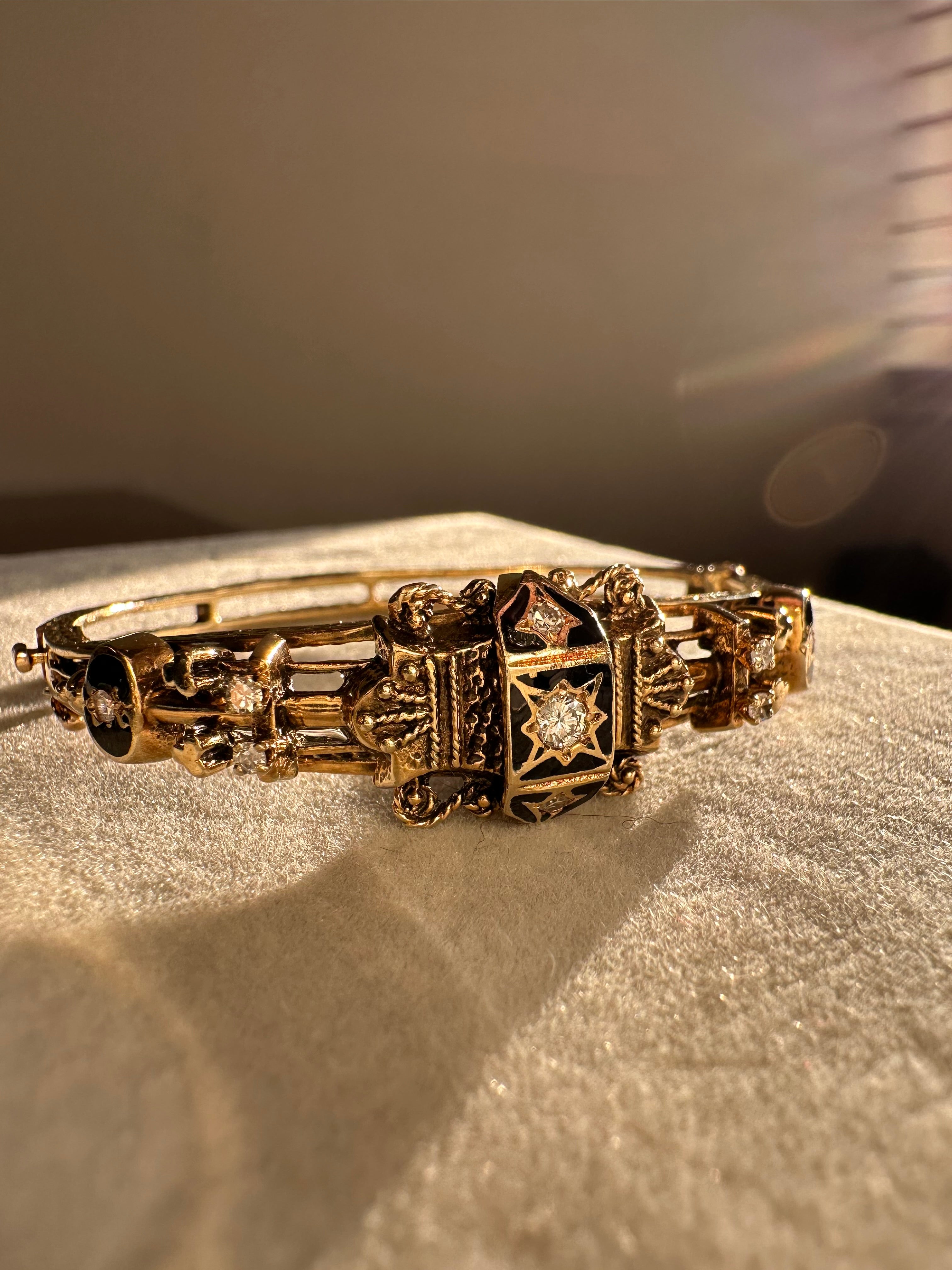 14k Enamel Diamond Victorian Style Bangle Bracelet