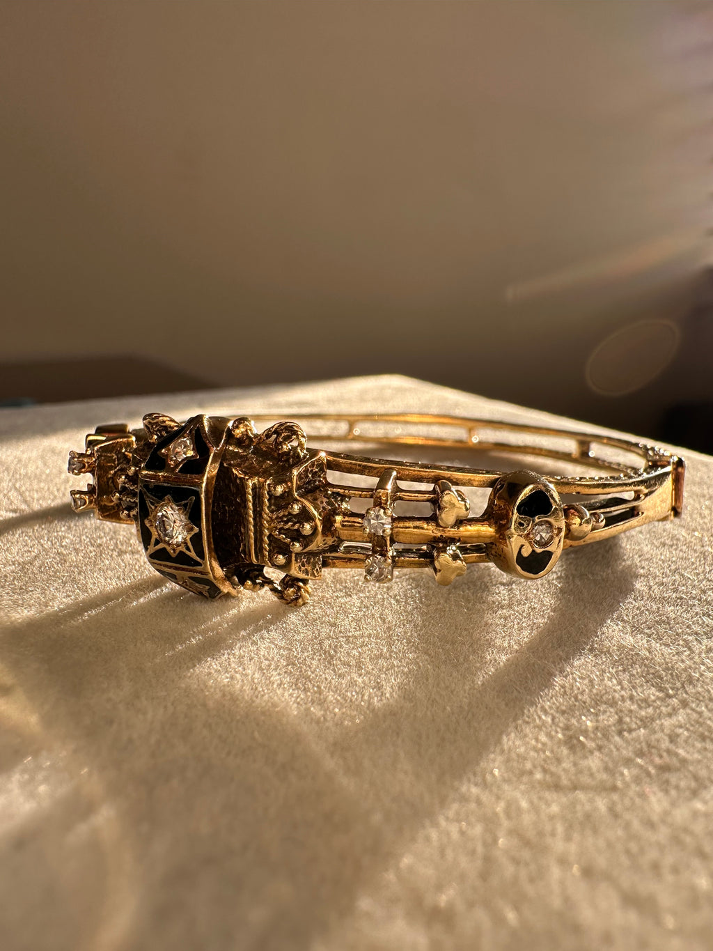 14k Enamel Diamond Victorian Style Bangle Bracelet