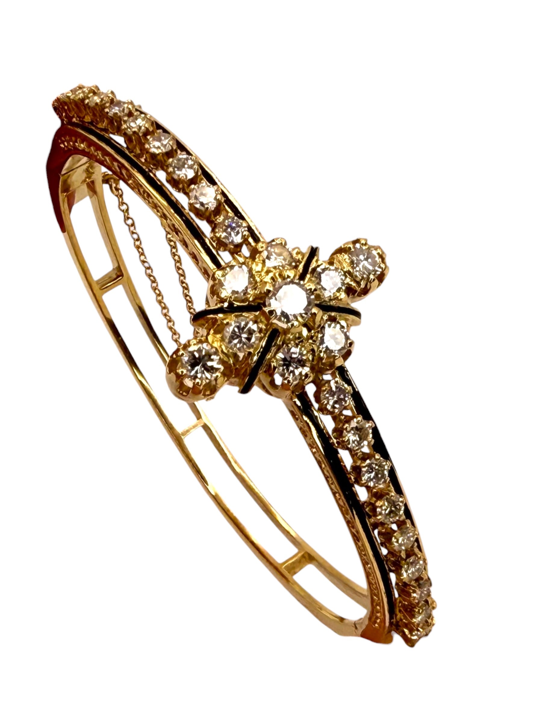14k Victorian Style Diamond Enamel Bangle Bracelet