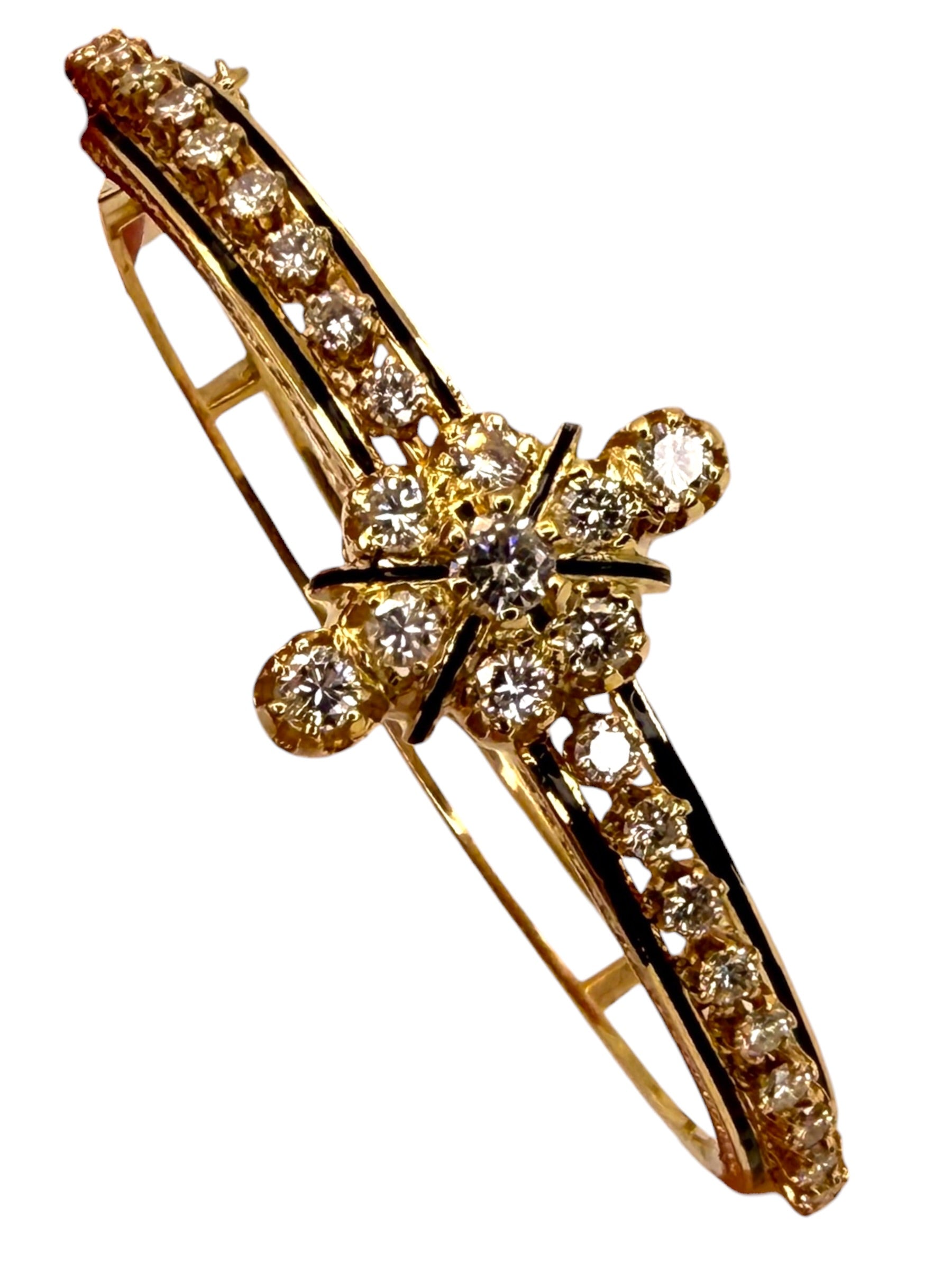 14k Victorian Style Diamond Enamel Bangle Bracelet