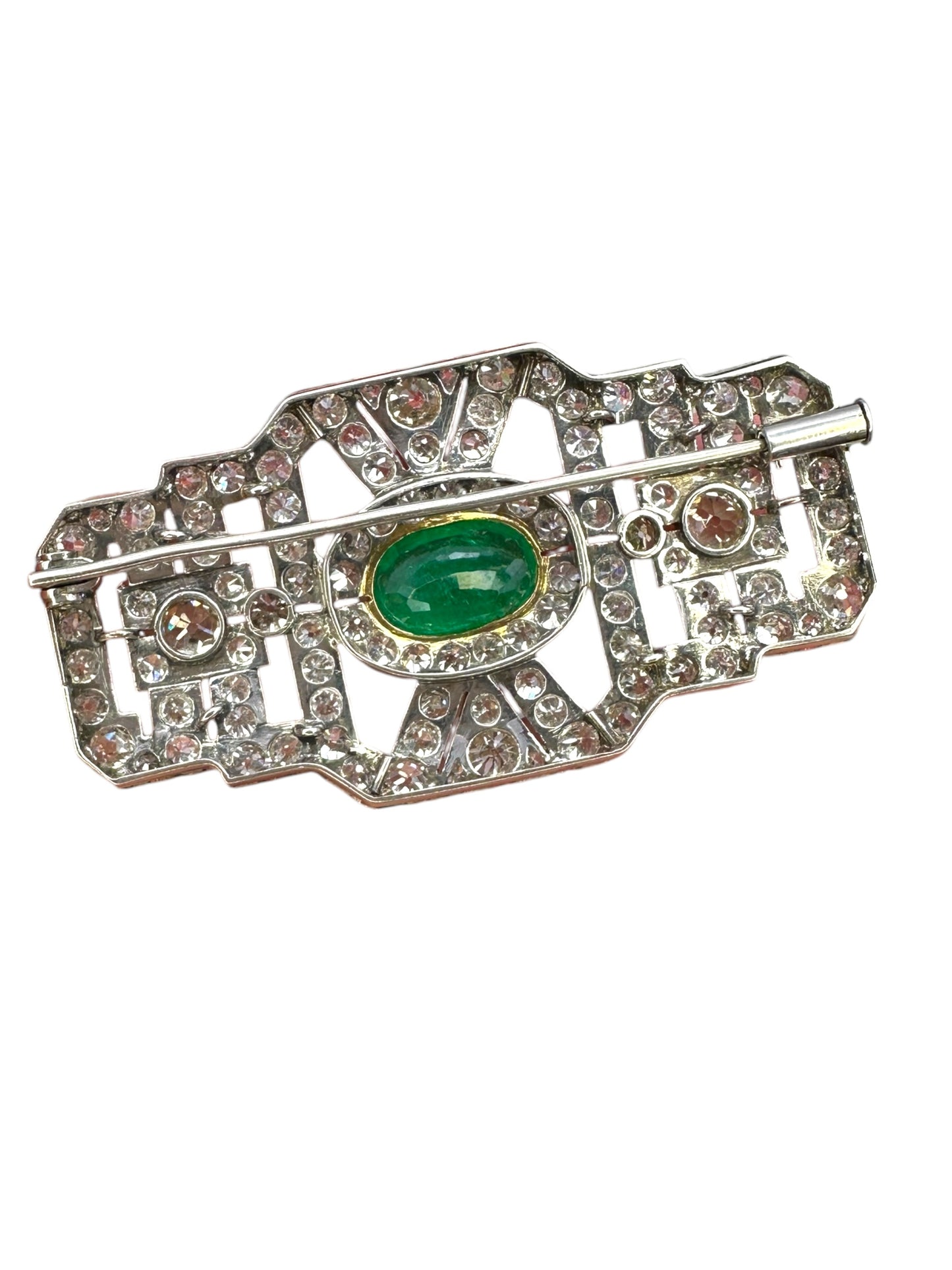 Platinum Art Deco Diamond Emerald Brooch