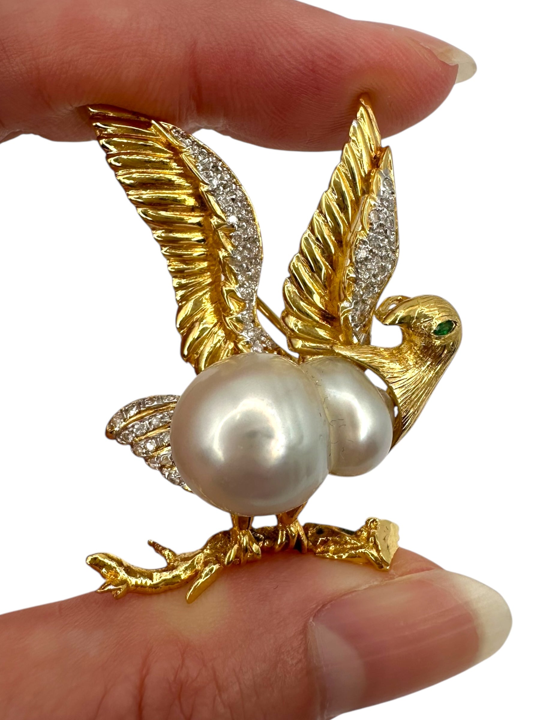 18k Diamond Pearl Bird Brooch