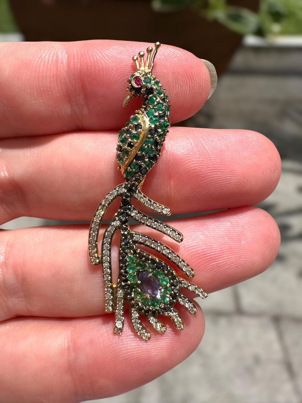 18k Sapphire Emerald Diamond Peacock Pendant