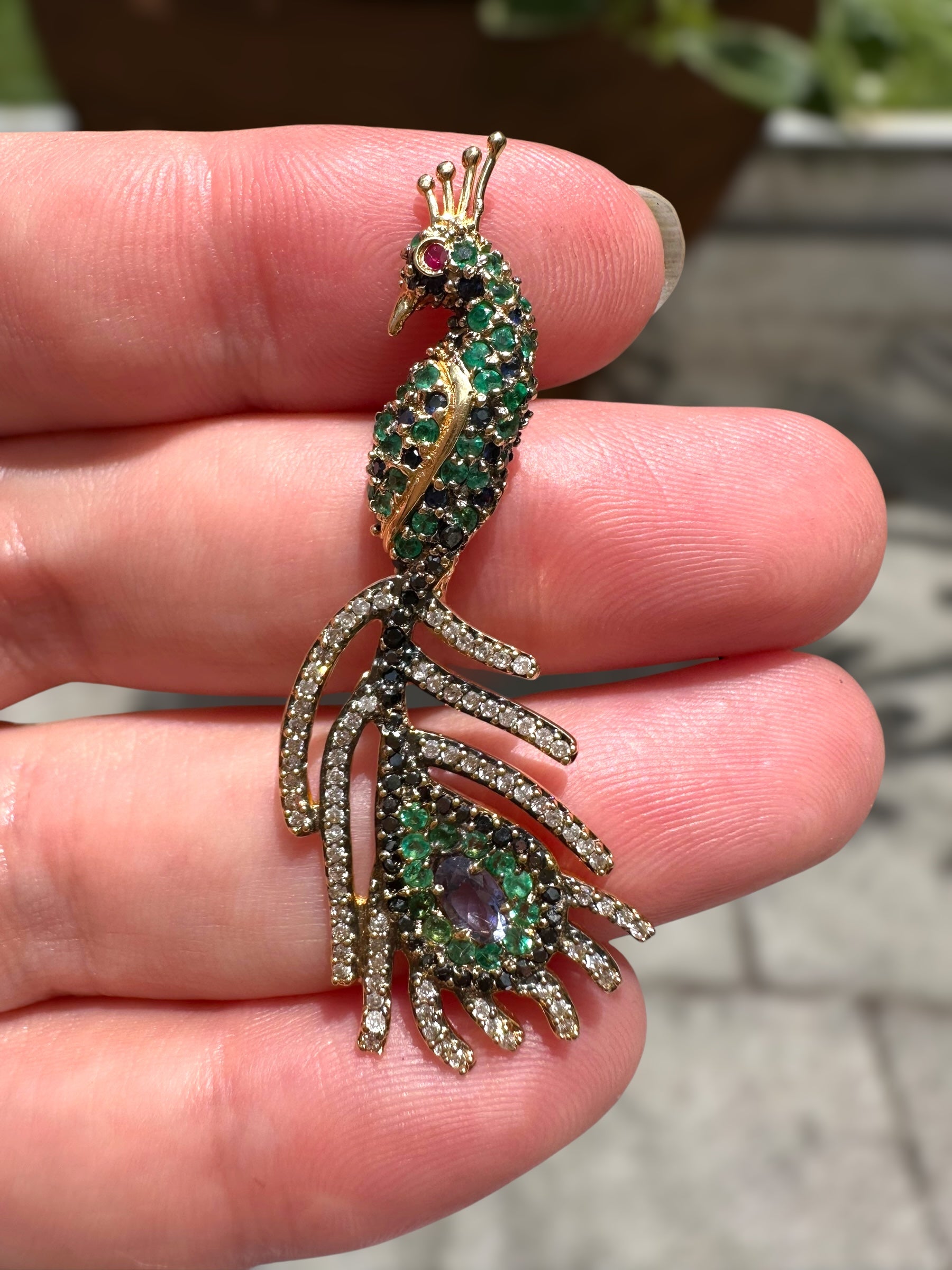 18k Sapphire Emerald Diamond Peacock Pendant