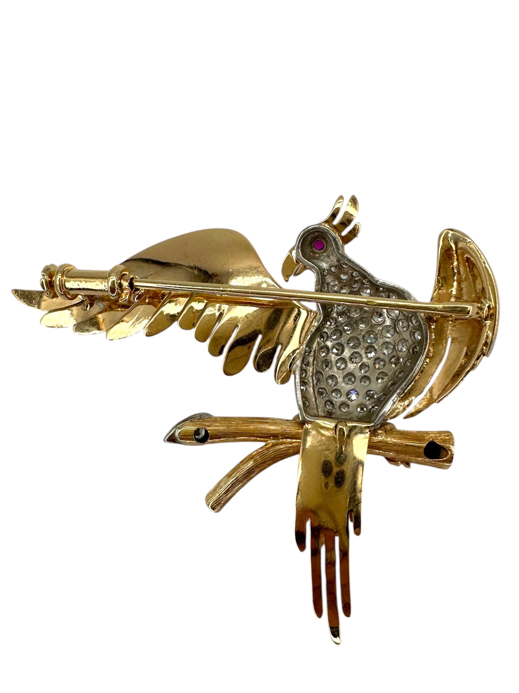 18k Retro Cockatiel Bird on Branch Brooch