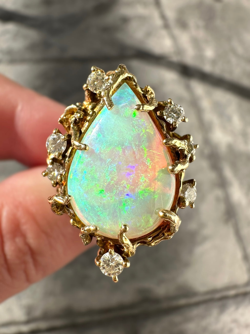 14k Opal Diamond Brutalist Ring