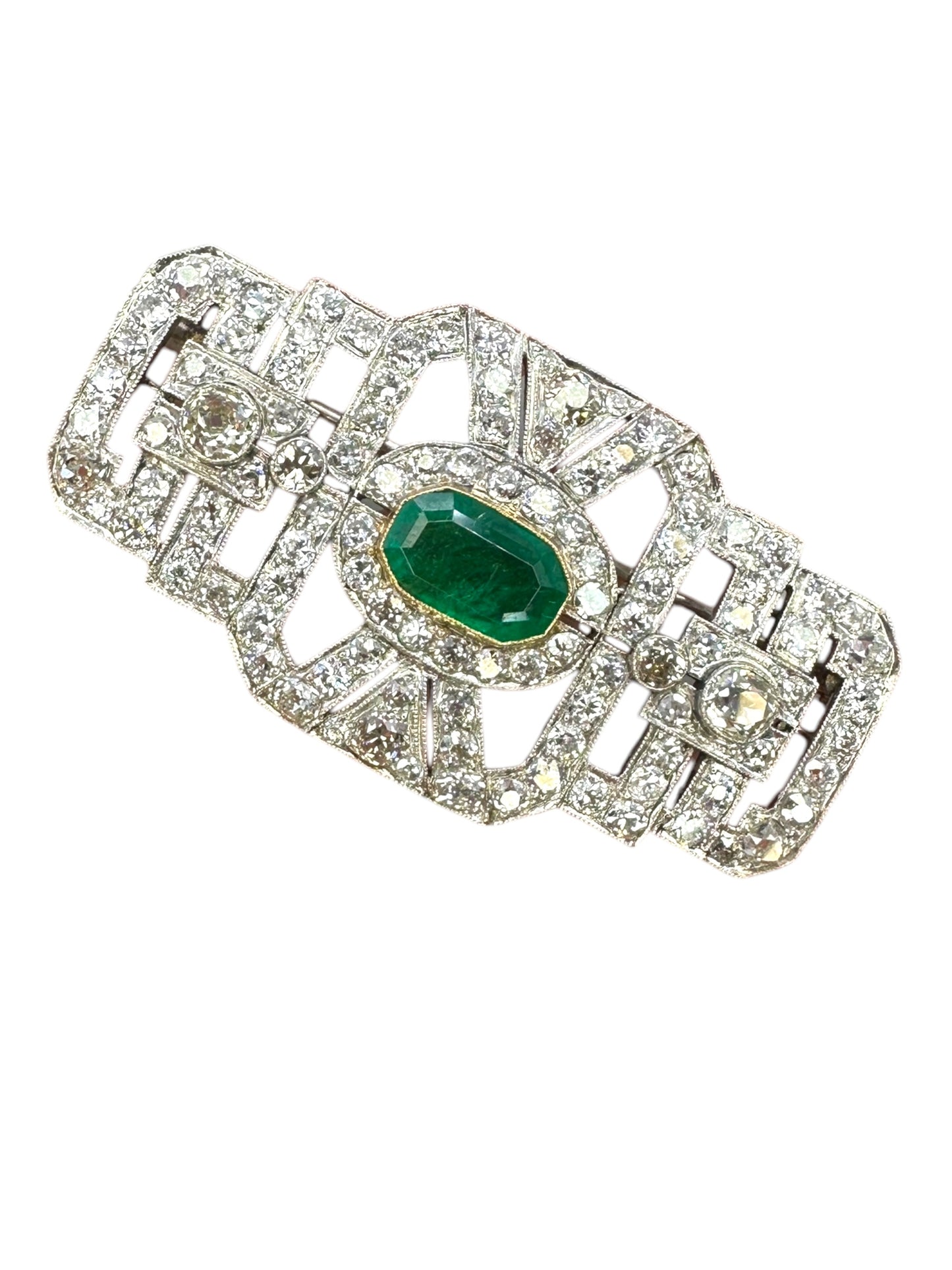 Platinum Art Deco Diamond Emerald Brooch