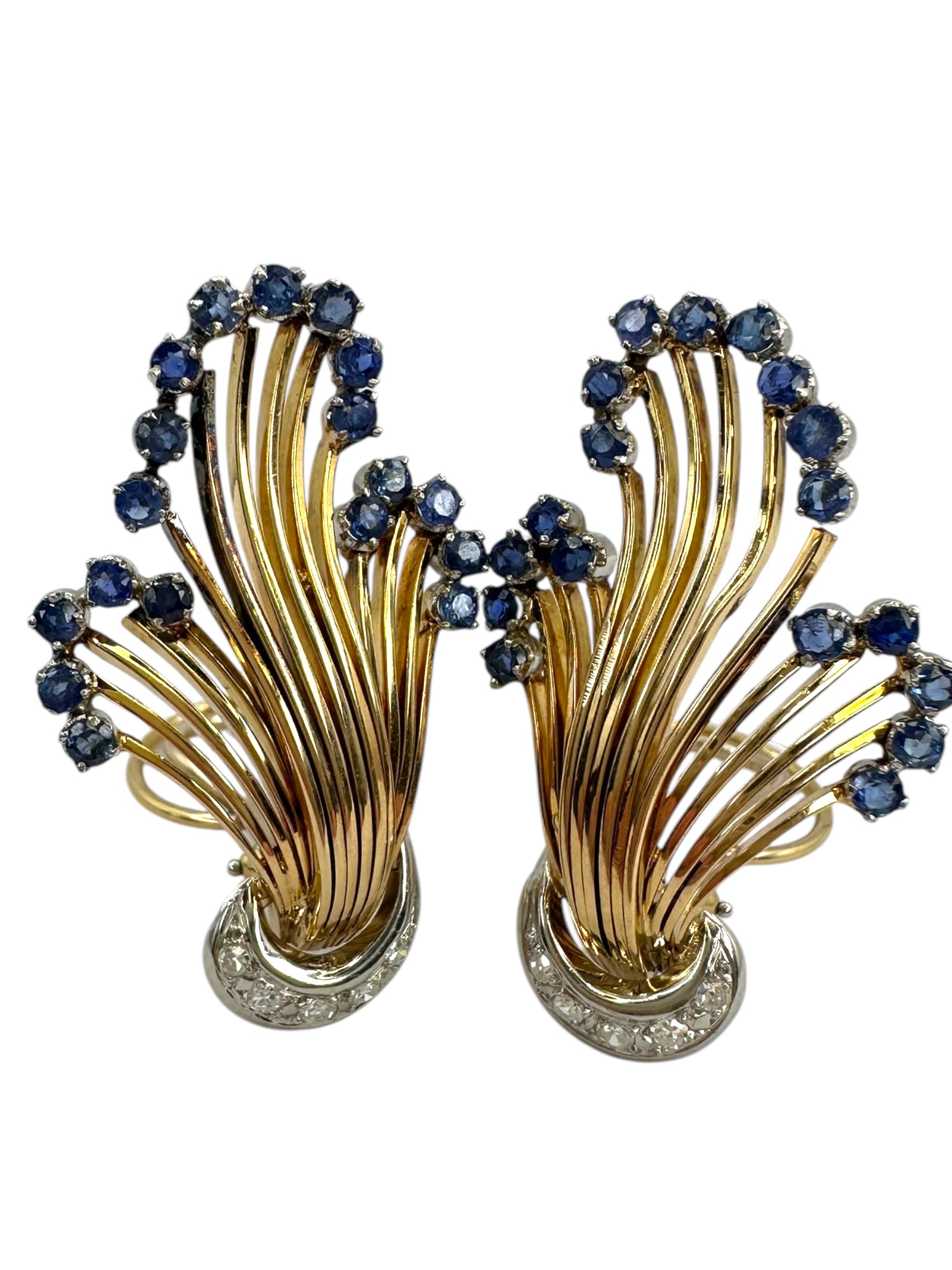 18k Diamond Sapphire Fan Clip on Earrings