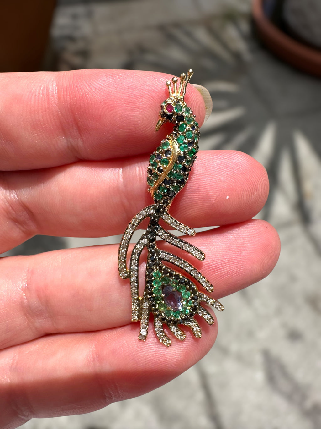 18k Sapphire Emerald Diamond Peacock Pendant