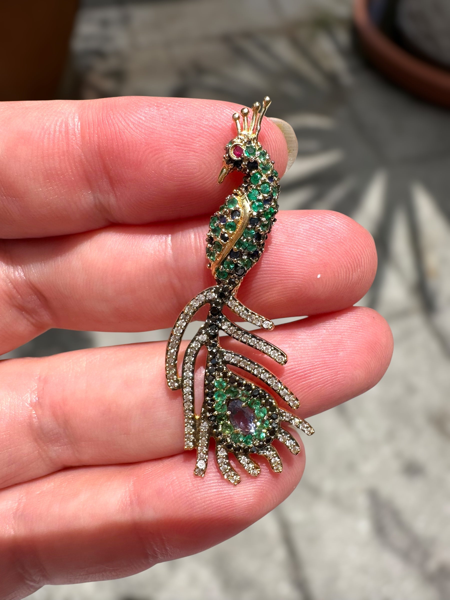 18k Sapphire Emerald Diamond Peacock Pendant