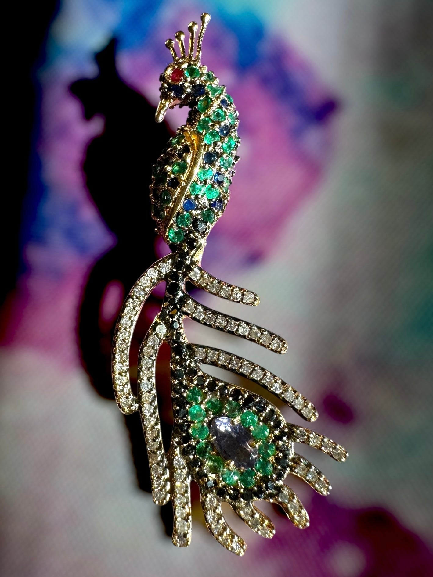 18k Sapphire Emerald Diamond Peacock Pendant