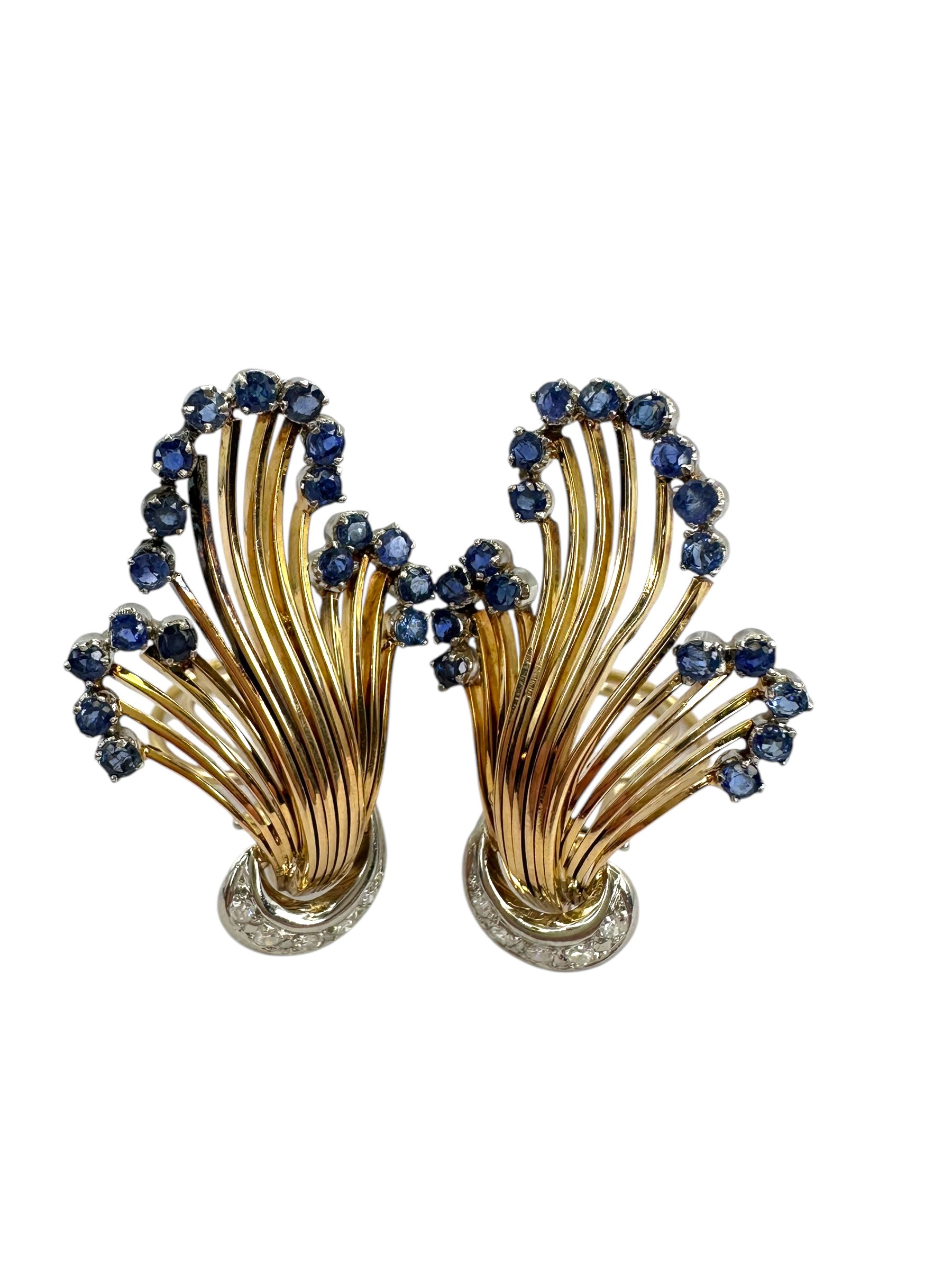 18k Diamond Sapphire Fan Clip on Earrings