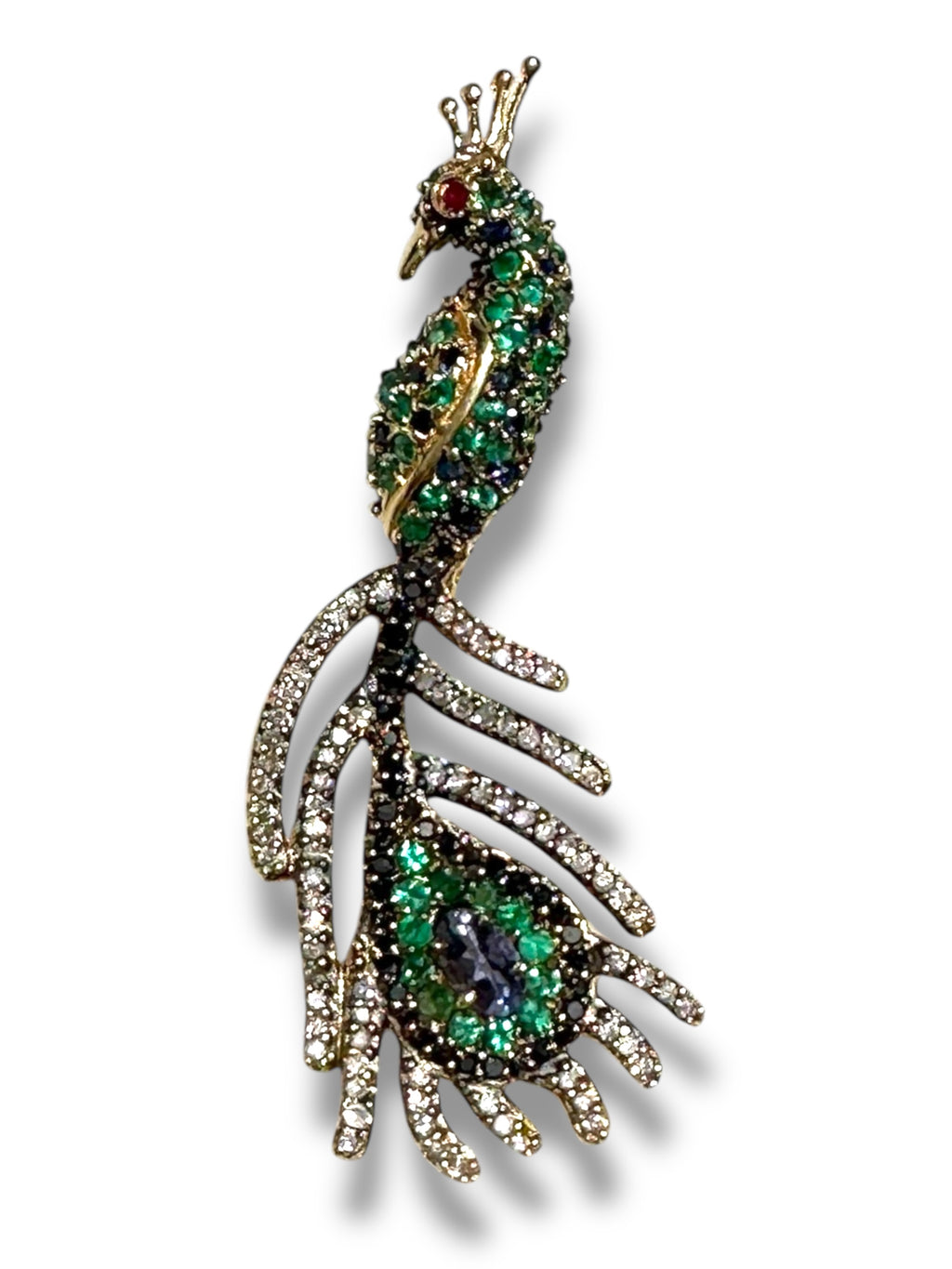 18k Sapphire Emerald Diamond Peacock Pendant