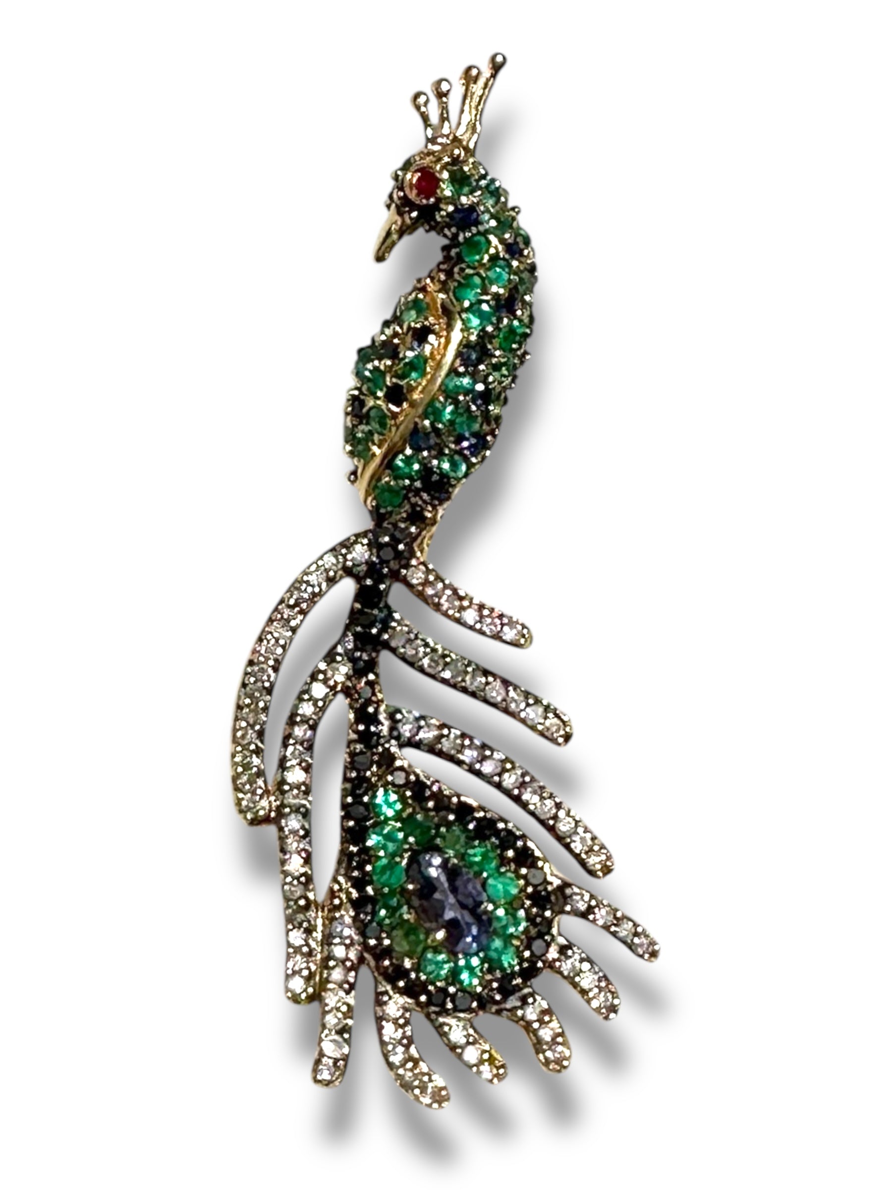 18k Sapphire Emerald Diamond Peacock Pendant