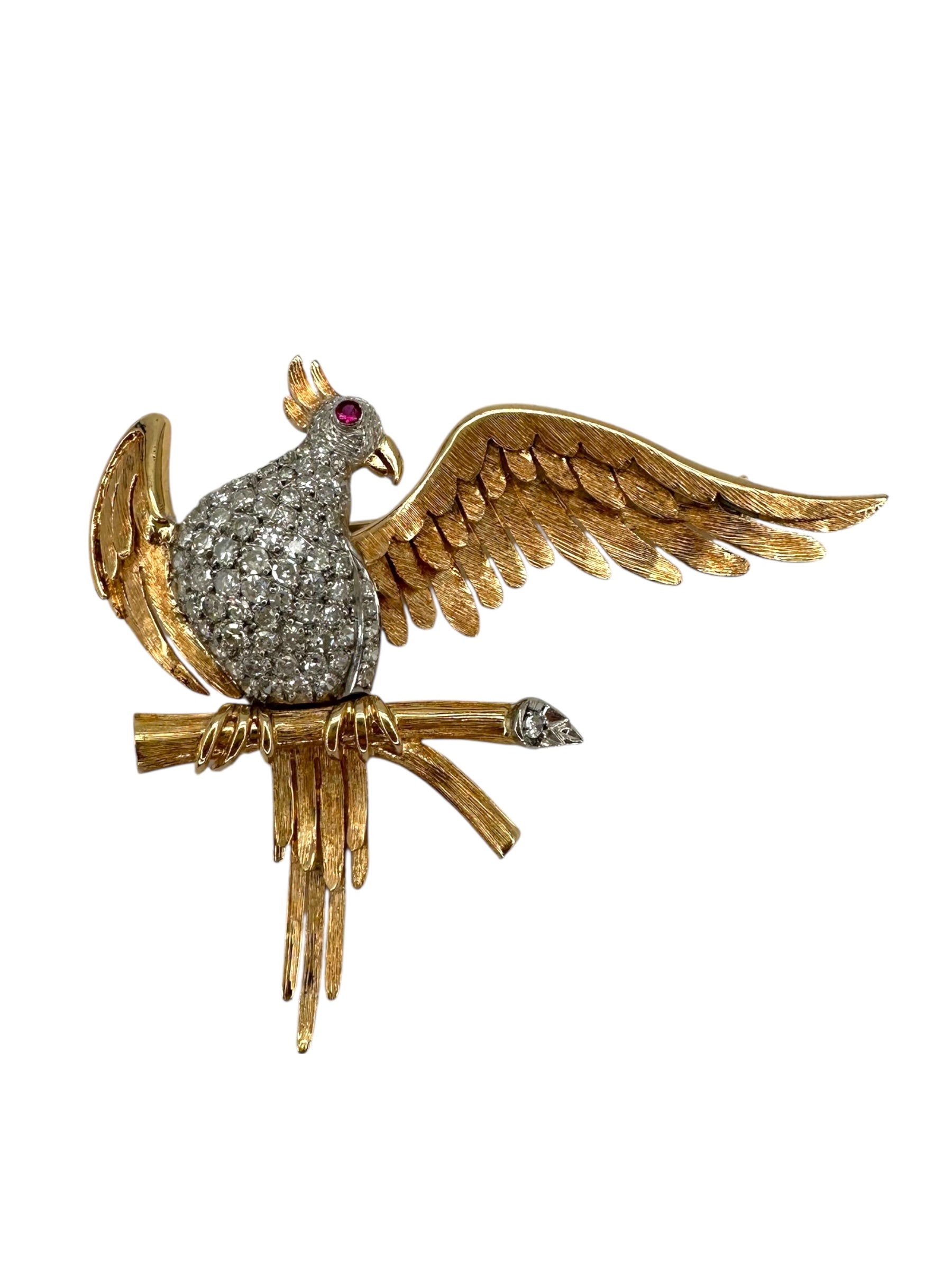 18k Retro Cockatiel Bird on Branch Brooch