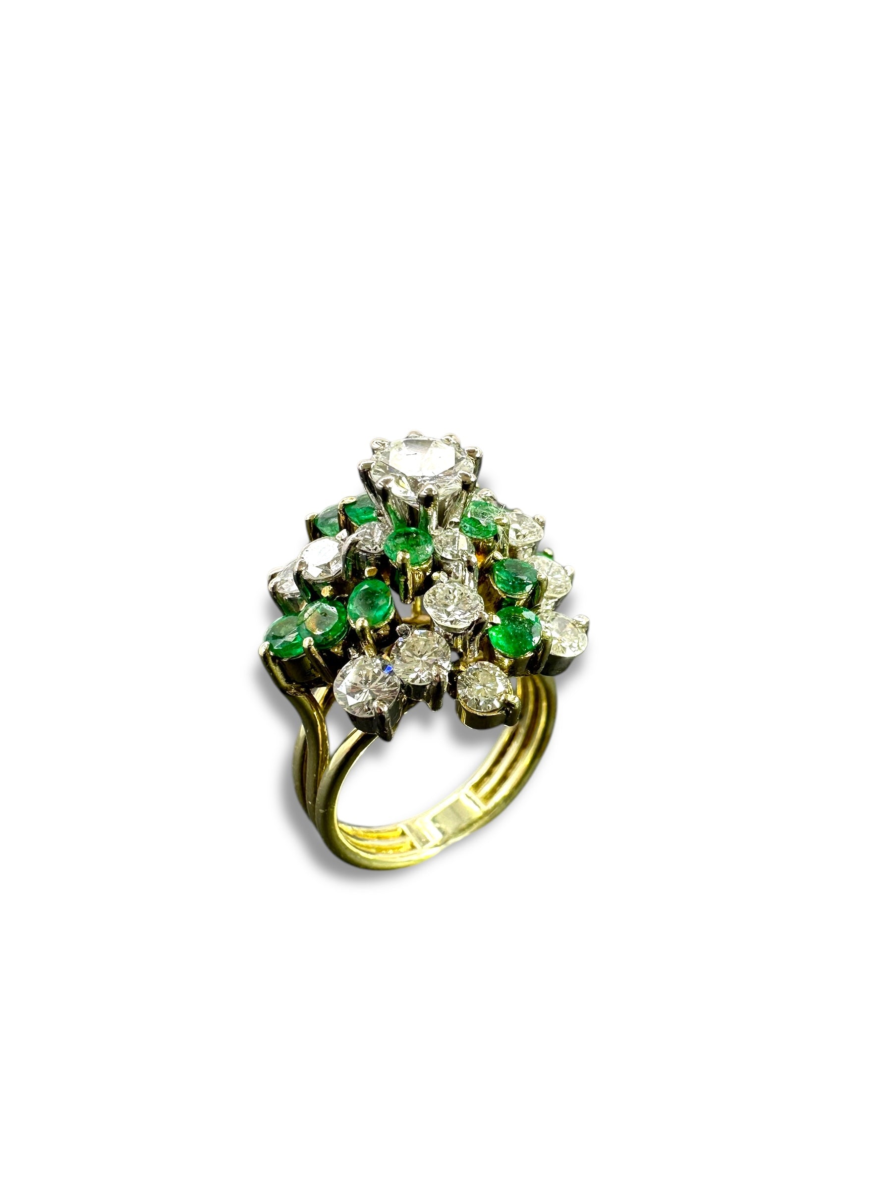 14k Emerald Diamond Swirl Cluster Ring