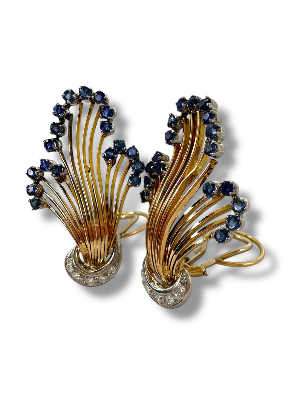 18k Diamond Sapphire Fan Clip on Earrings