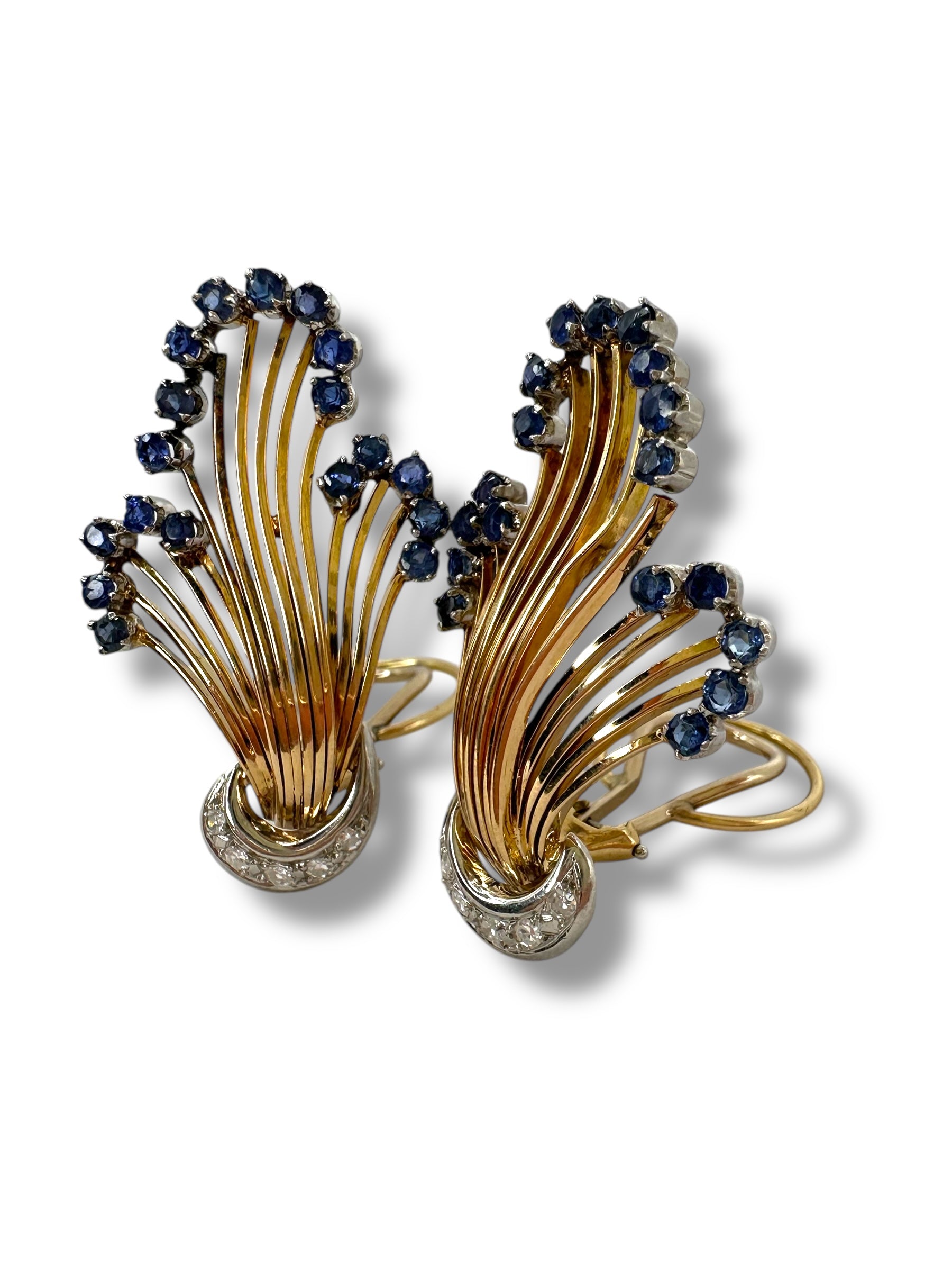 18k Diamond Sapphire Fan Clip on Earrings