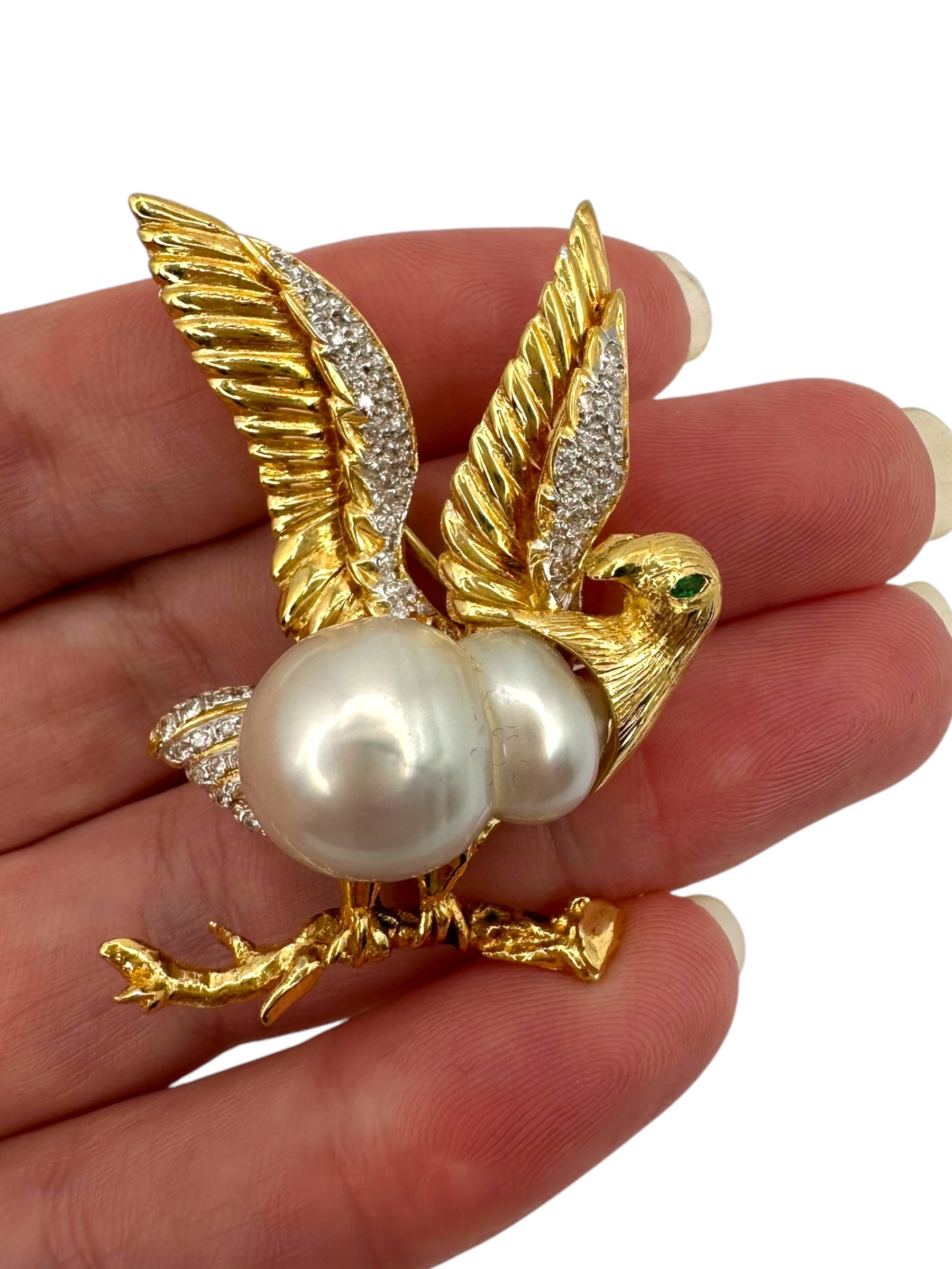 18k Diamond Pearl Bird Brooch