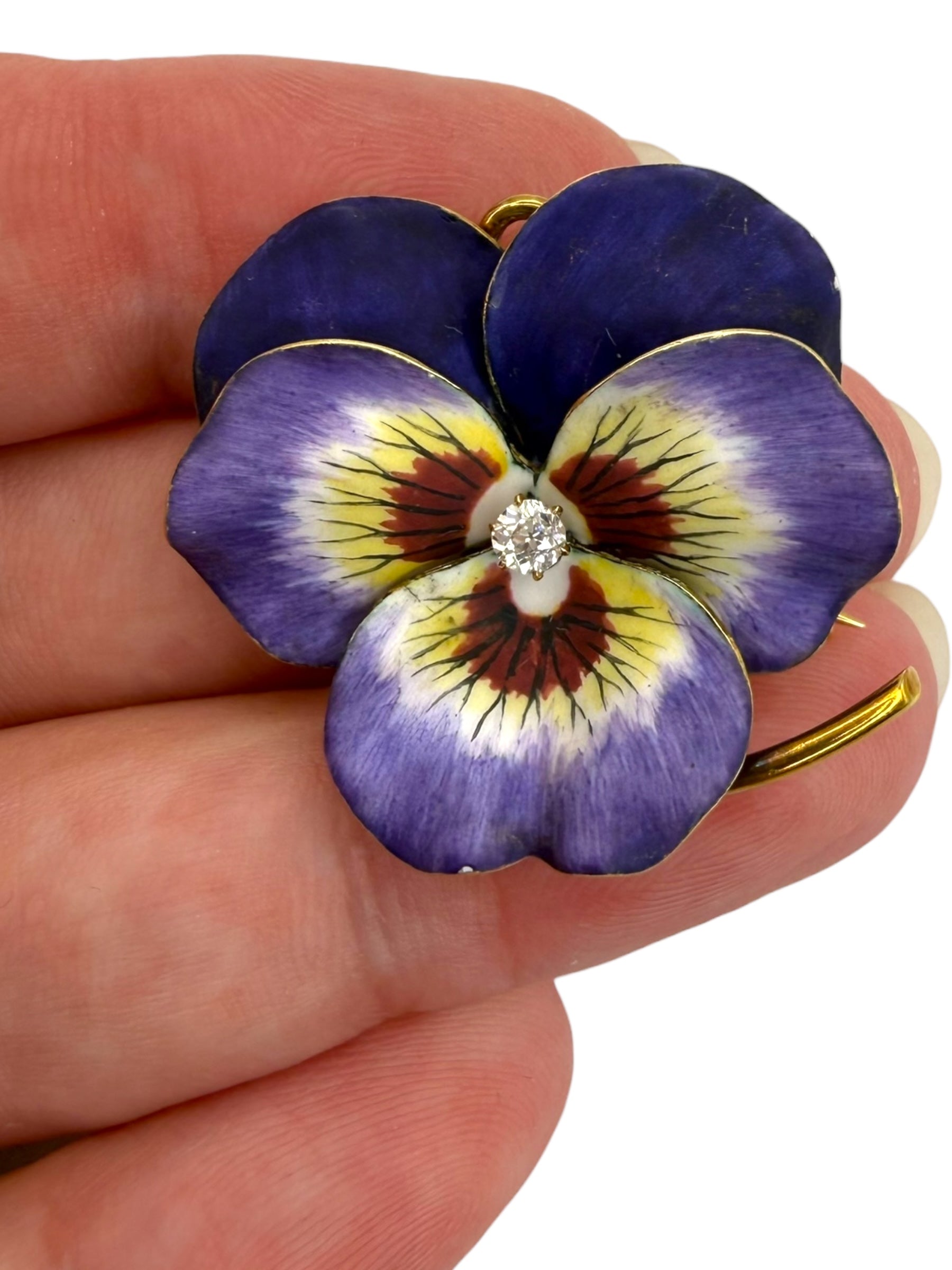 18k Enamel Diamond Pansy Pendant/Brooch
