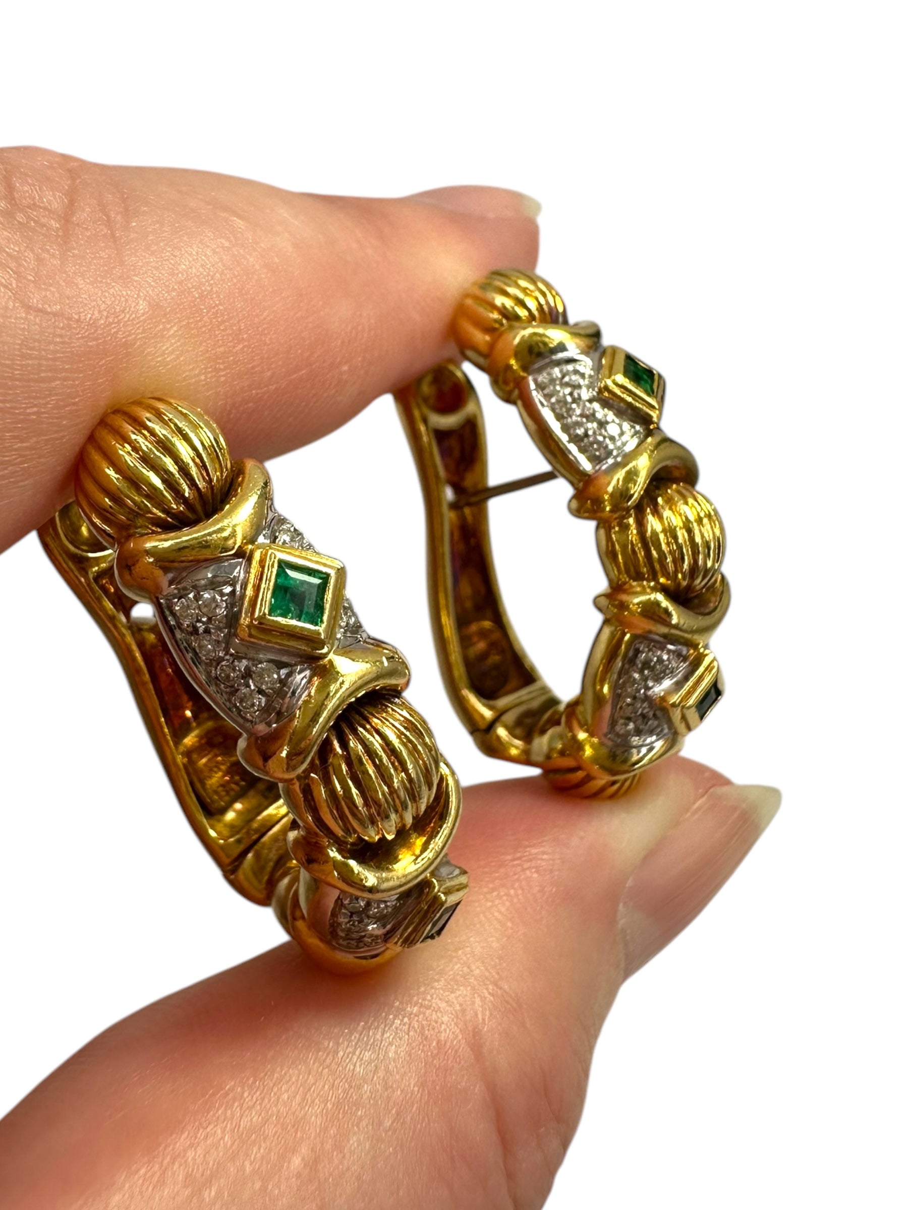 18k Emerald Diamond Hoop Earrings