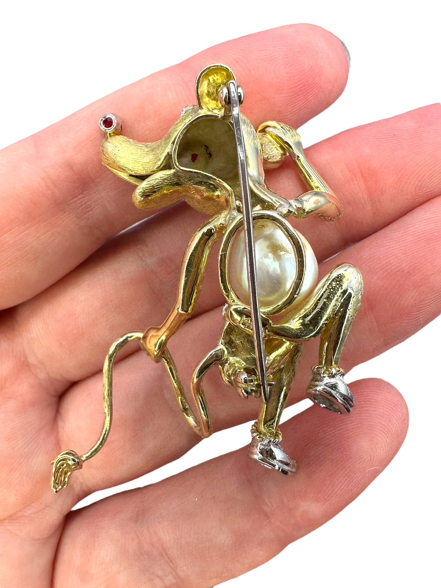 14k Diamond Pearl Ruby Rat Brooch