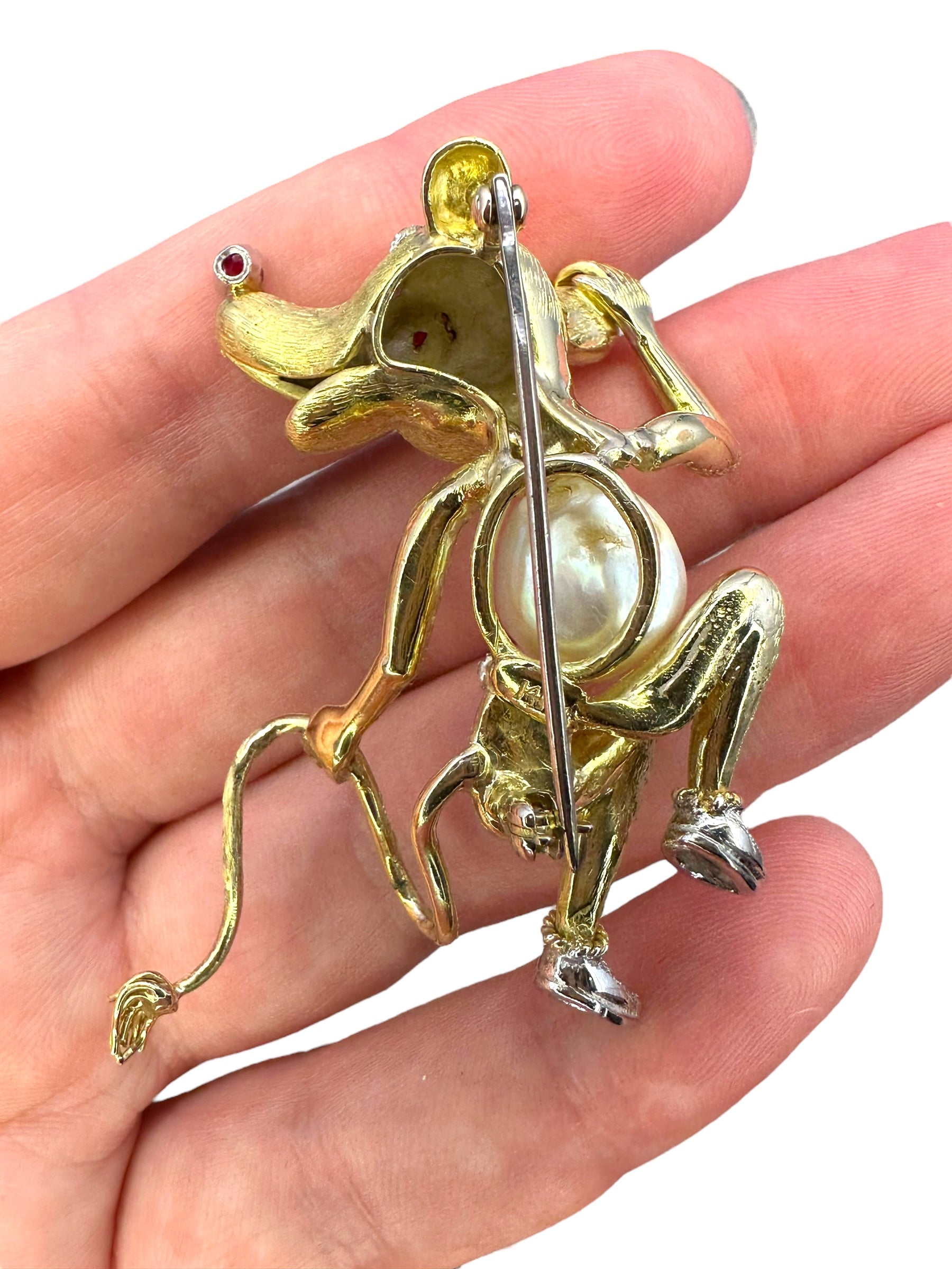 14k Diamond Pearl Ruby Rat Brooch