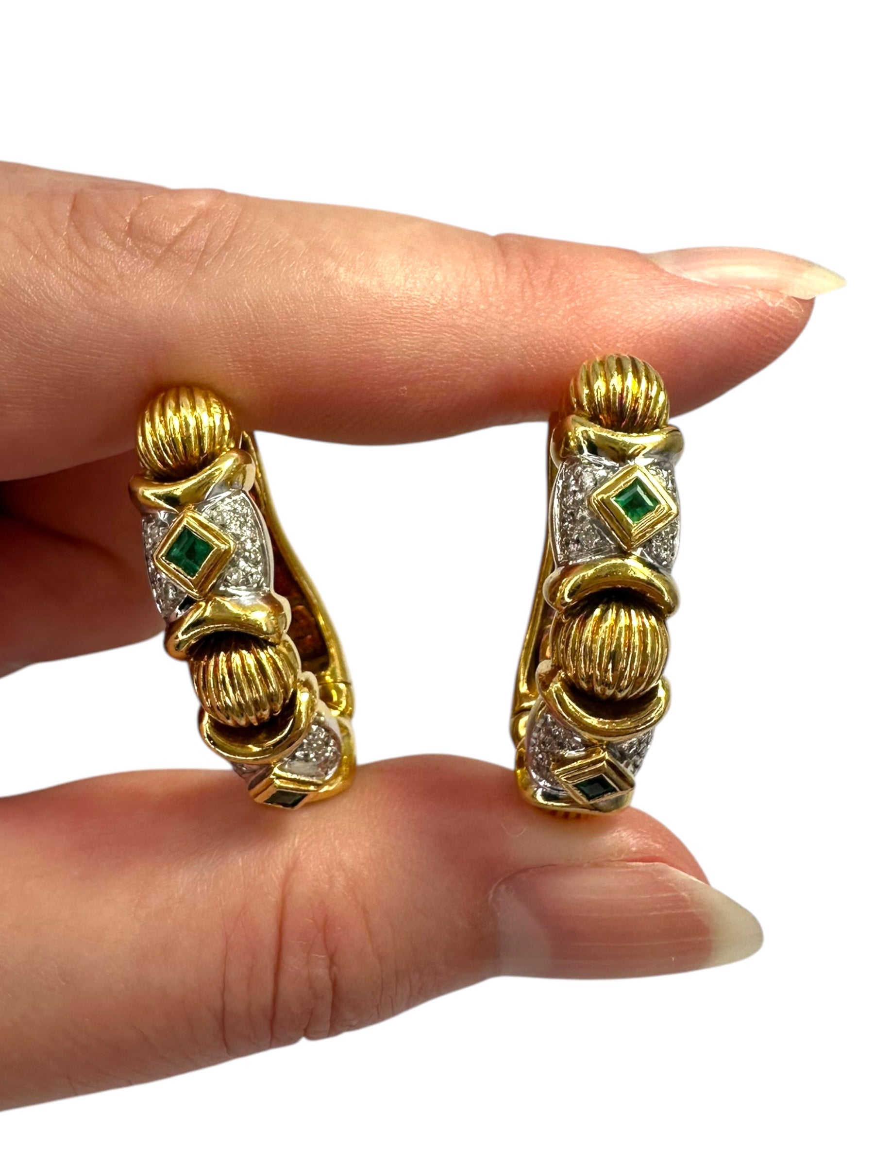 18k Emerald Diamond Hoop Earrings