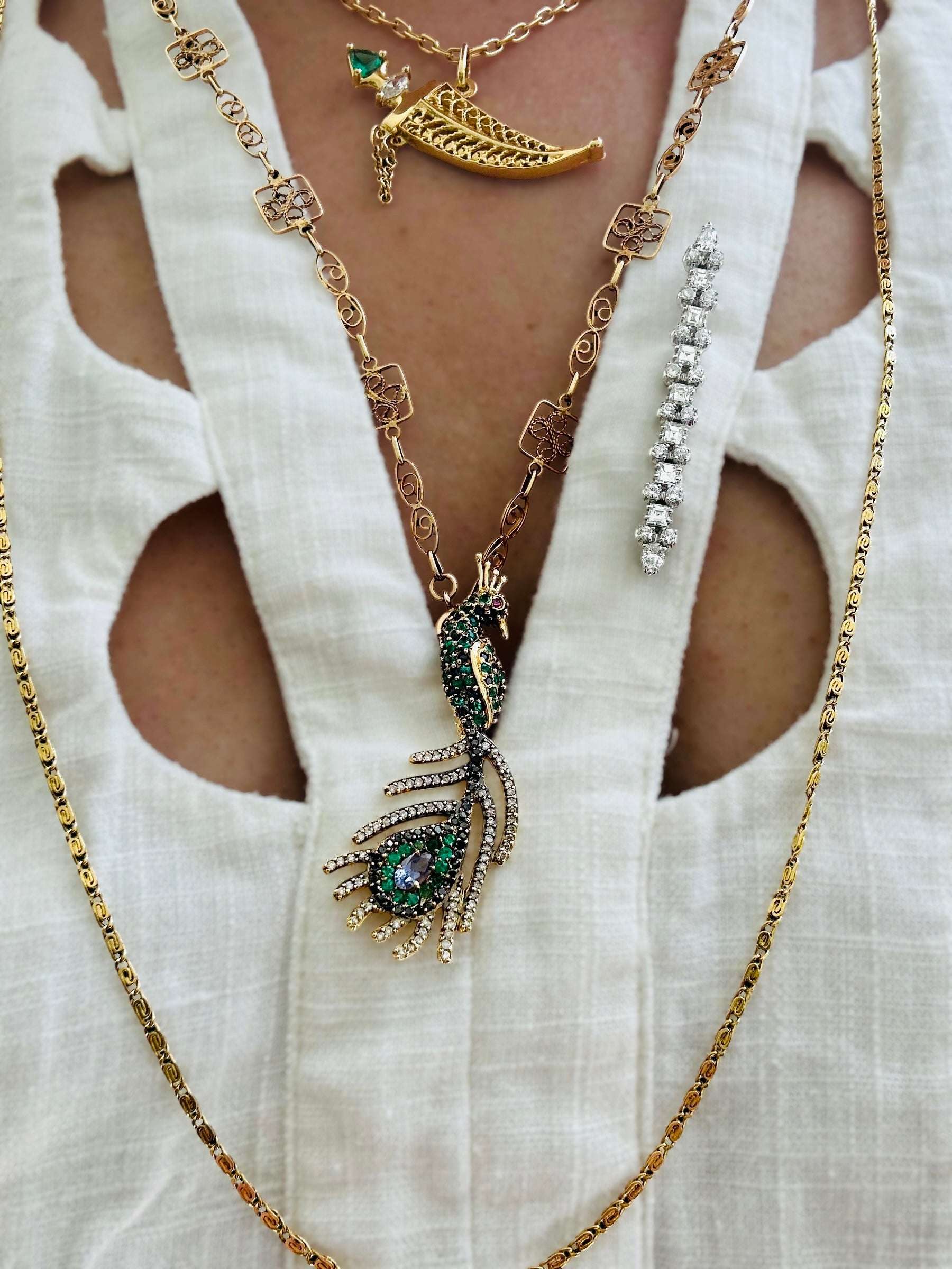 18k Sapphire Emerald Diamond Peacock Pendant