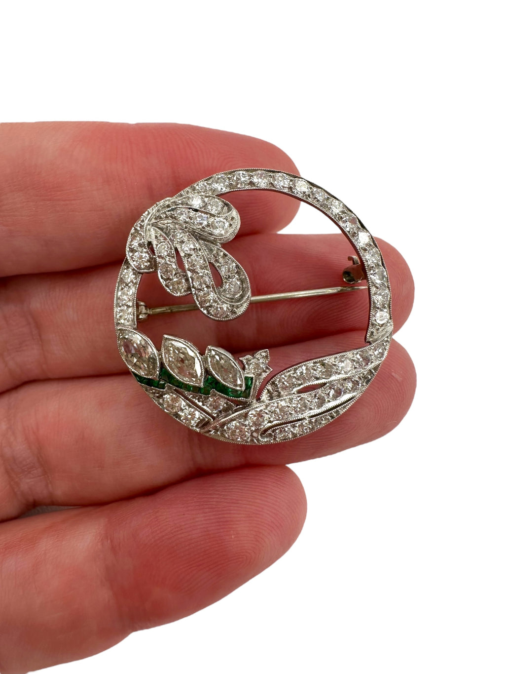 Art Deco Platinum Diamond Emerald Wreath Brooch