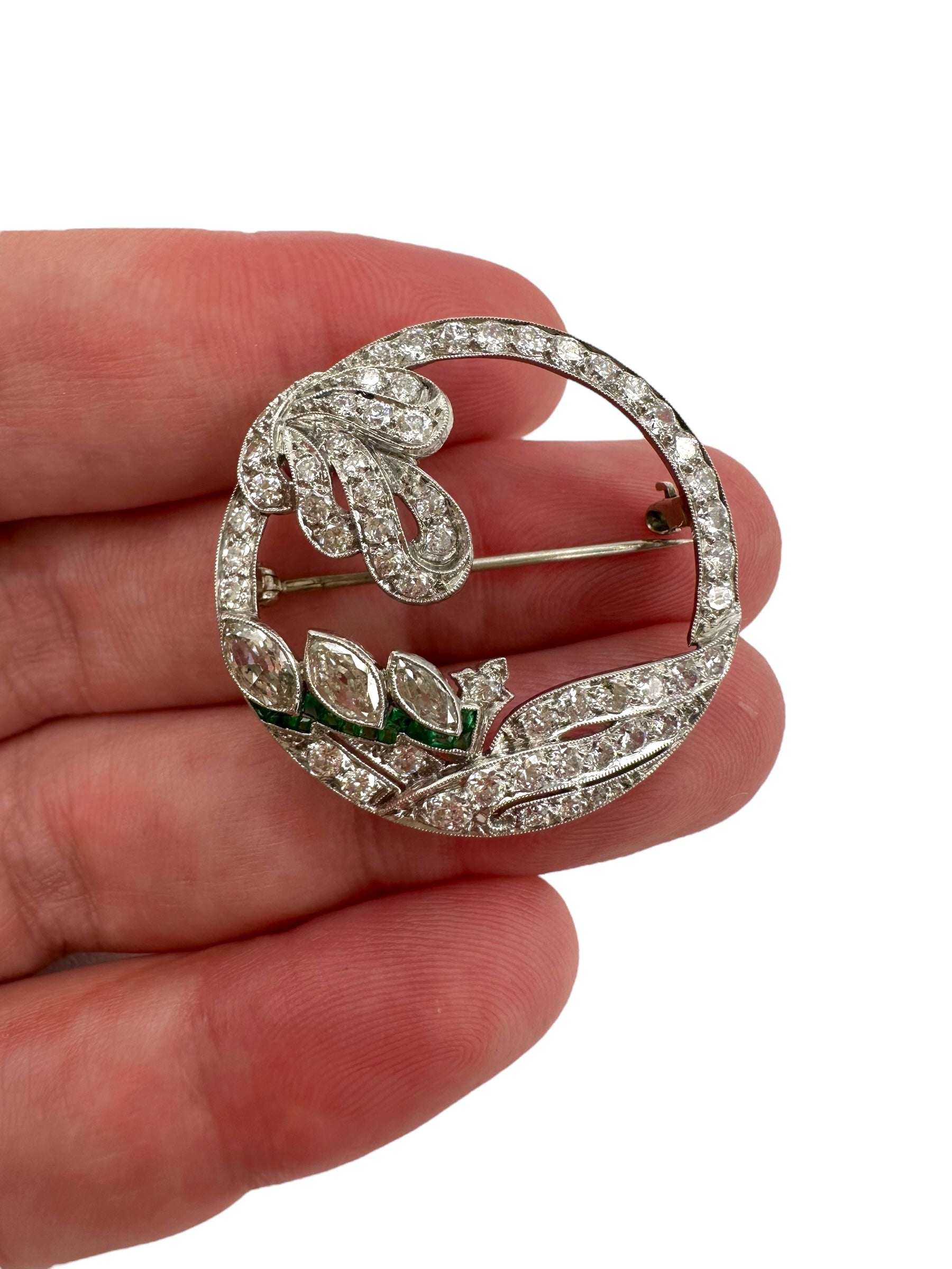 Art Deco Platinum Diamond Emerald Wreath Brooch