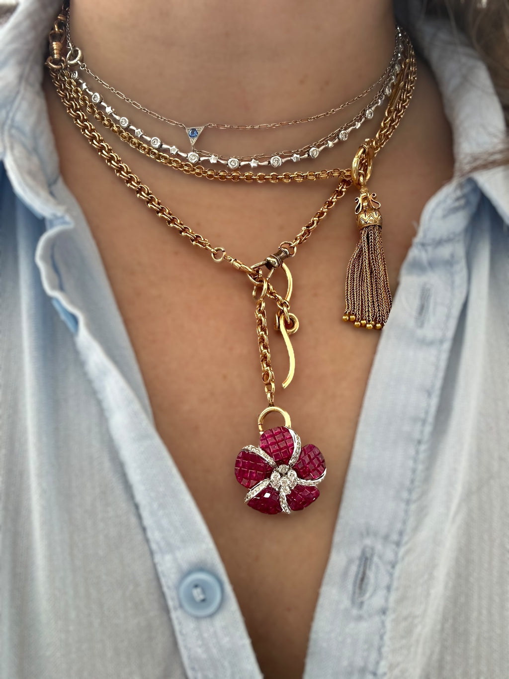 14k Ruby Diamond Flower Pin/ Pendant