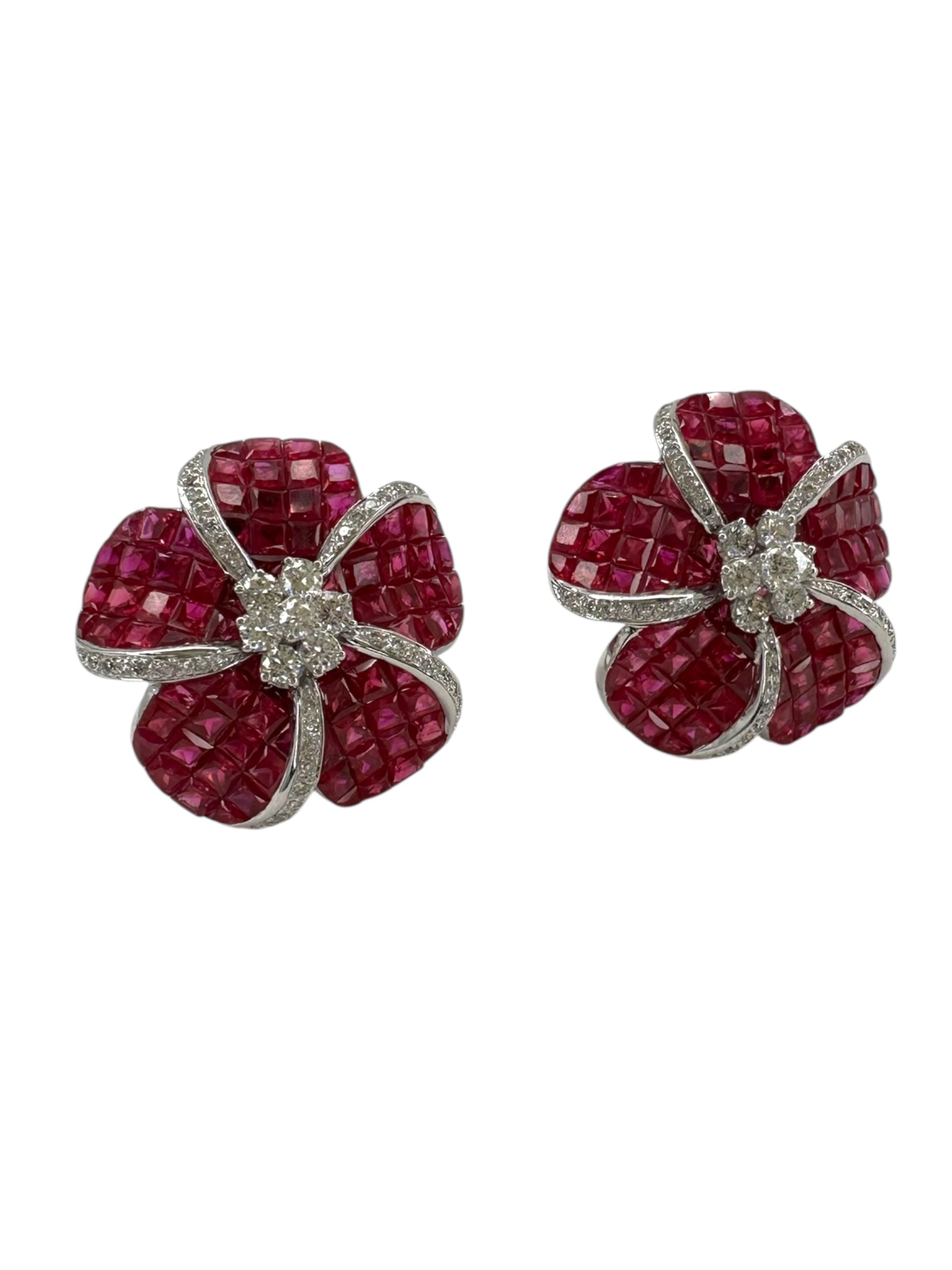 14k Ruby Diamond Flower Earrings