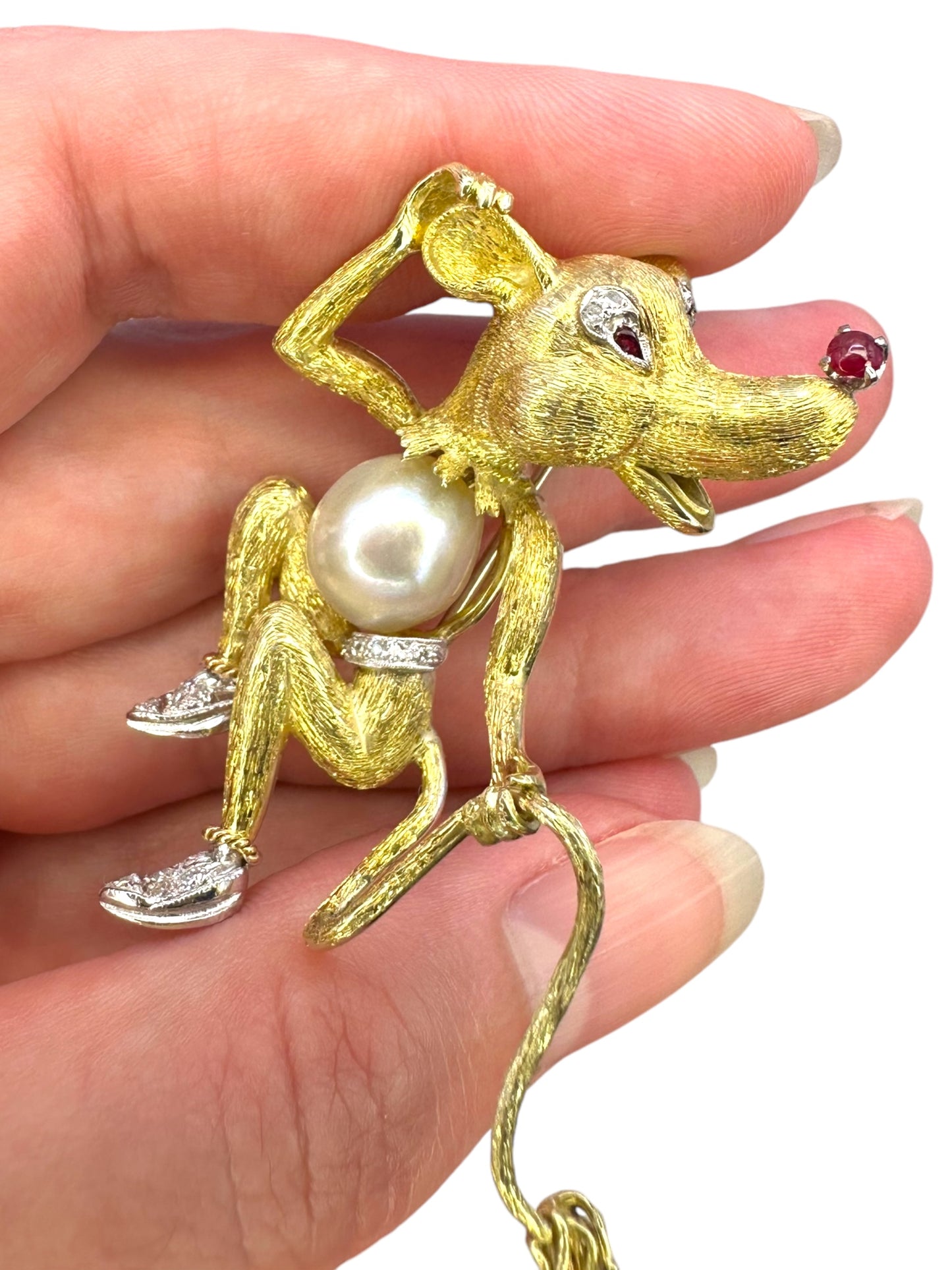 14k Diamond Pearl Ruby Rat Brooch