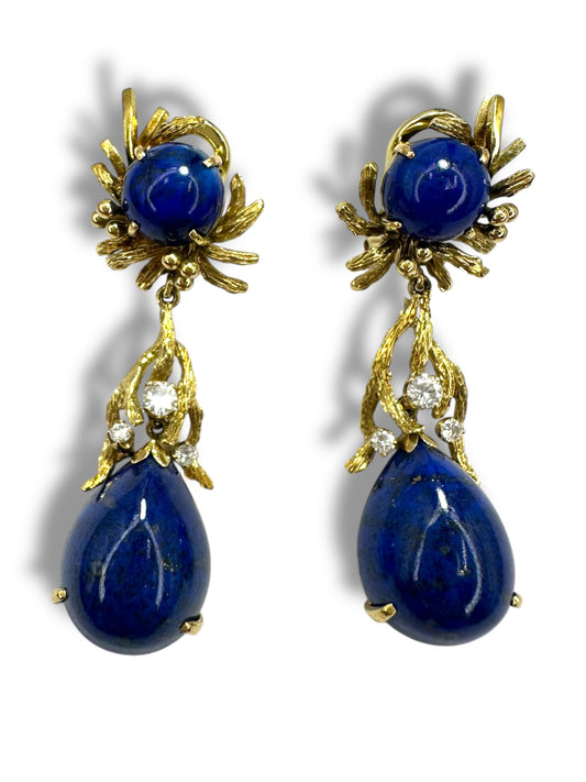 14k Lapis Diamond Drop Clip On Earrings