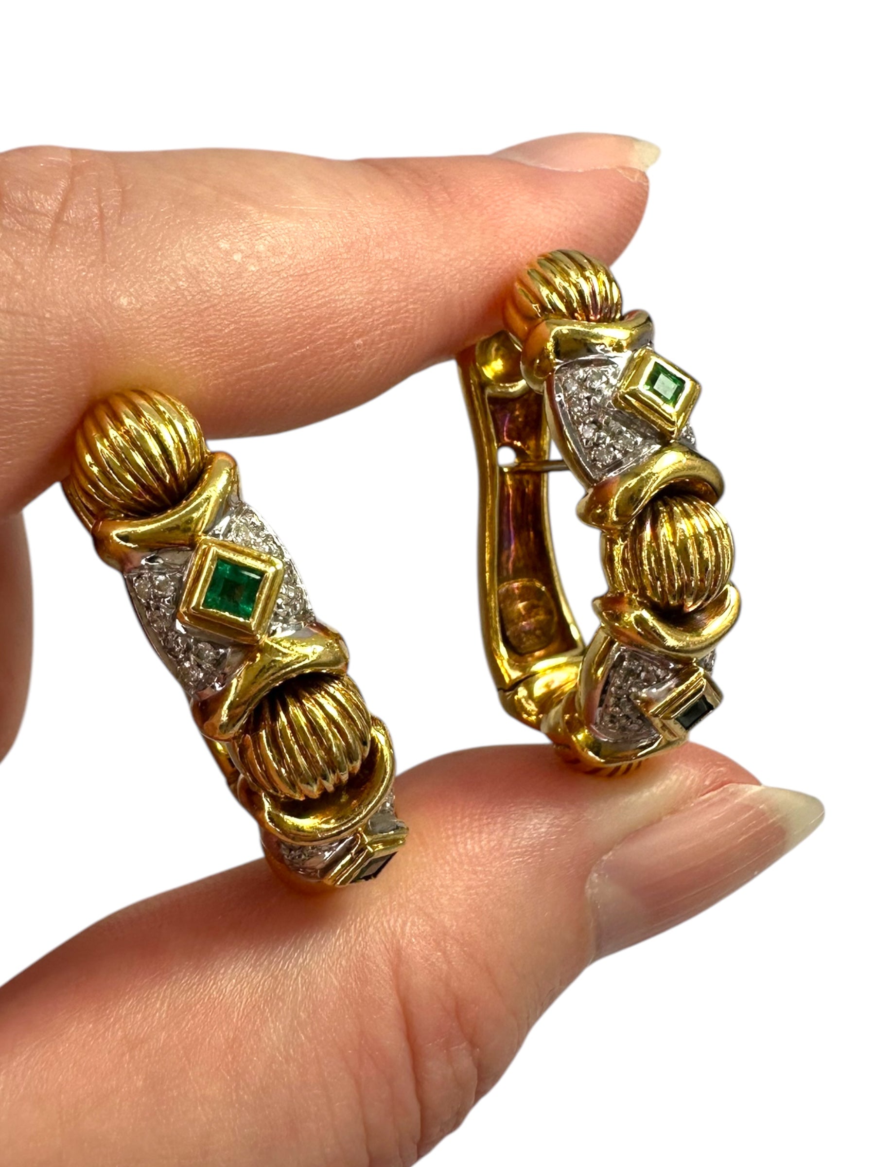 18k Emerald Diamond Hoop Earrings
